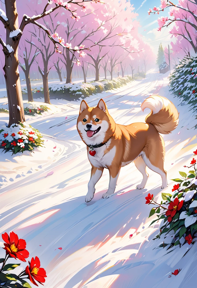 Imagine a lovely and cheerful scene.: Shiba Inu is taking a walk in the snow 