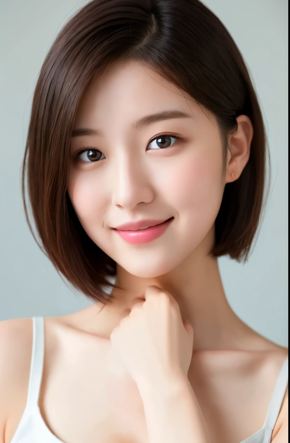 incredibly absurd, beautiful and cute 20-year-old Korean girl with a photorealistic face, showcasing top-quality craftsmanship. Her slender frame adorned with short, messy hair. The artwork high-resolution, allowing for ultra-detailed features to be captured flawlessly. The focus lies on the realistic pupils, showcasing depth and emotion. ((breasts out)) cute smile.