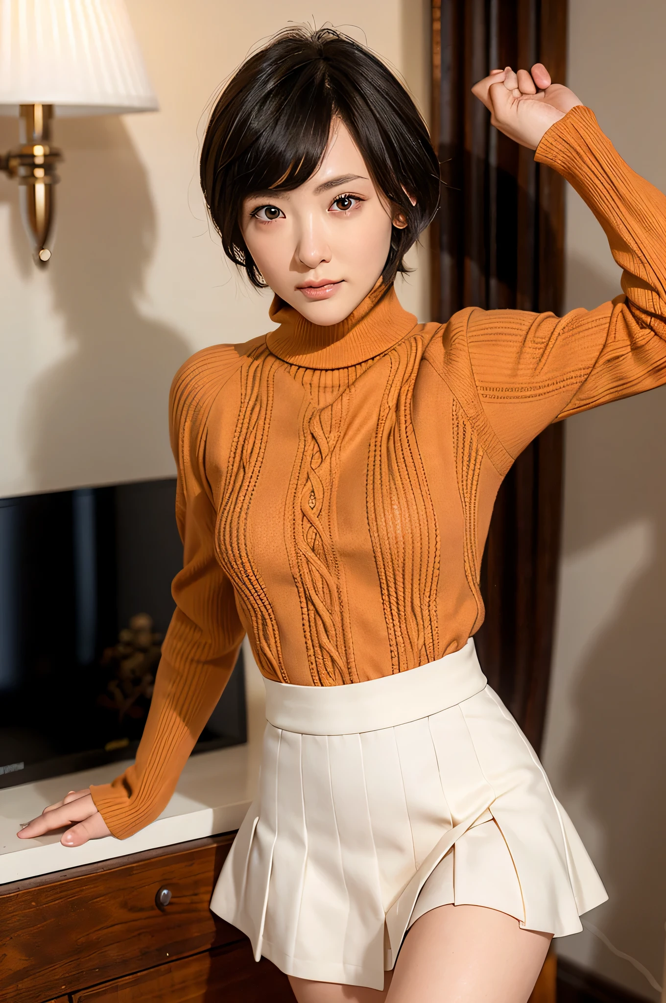 full body, (turtleneck cable knit mini bodycon dress:1.2) ,1girl,solo,
(8k, RAW photo, best quality, masterpiece:1.3),(realistic, photo-realistic:1.37),realistic skin texture,(photorealistic:1.3),(hyperrealistic:1.2), (short hair:1.4) , leaning forward, (orange colored clothes:1.3), (brick-colored pleated short skirt:1.2), light brown hair