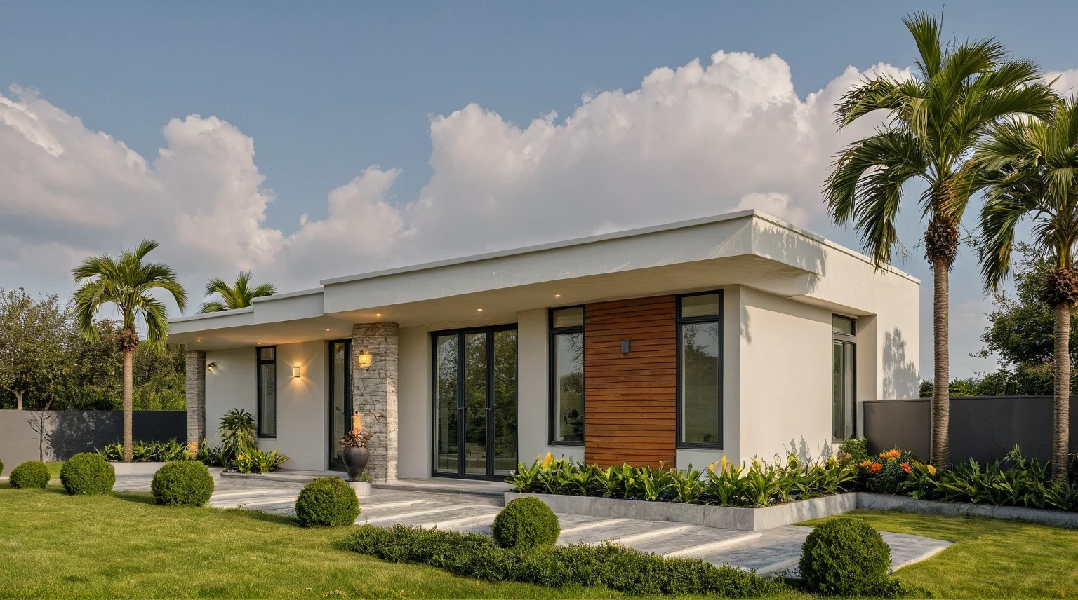 chef-d'ouvrages d'art, high quality, best quality, authentique, Great detail, En plein air, plain-piedVilla XL, credit group, style de maison moderne dans la rue, Mur blanc ,itinerary,pavement, herbe, des arbres, ciel, nuage, (day light:1.1)