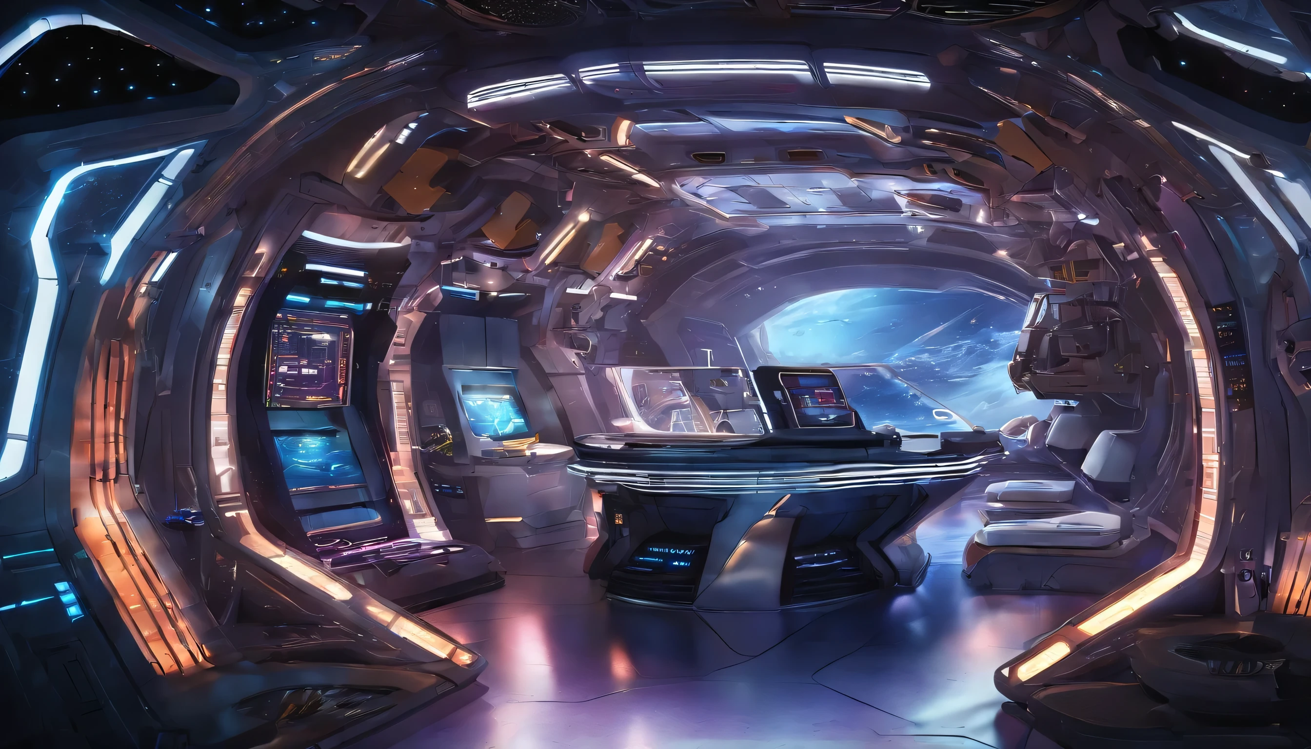 Sci-fi spaceship interior, futuristic technology, sleek design, illuminated control panels, space exploration, concept art, immersive environment.