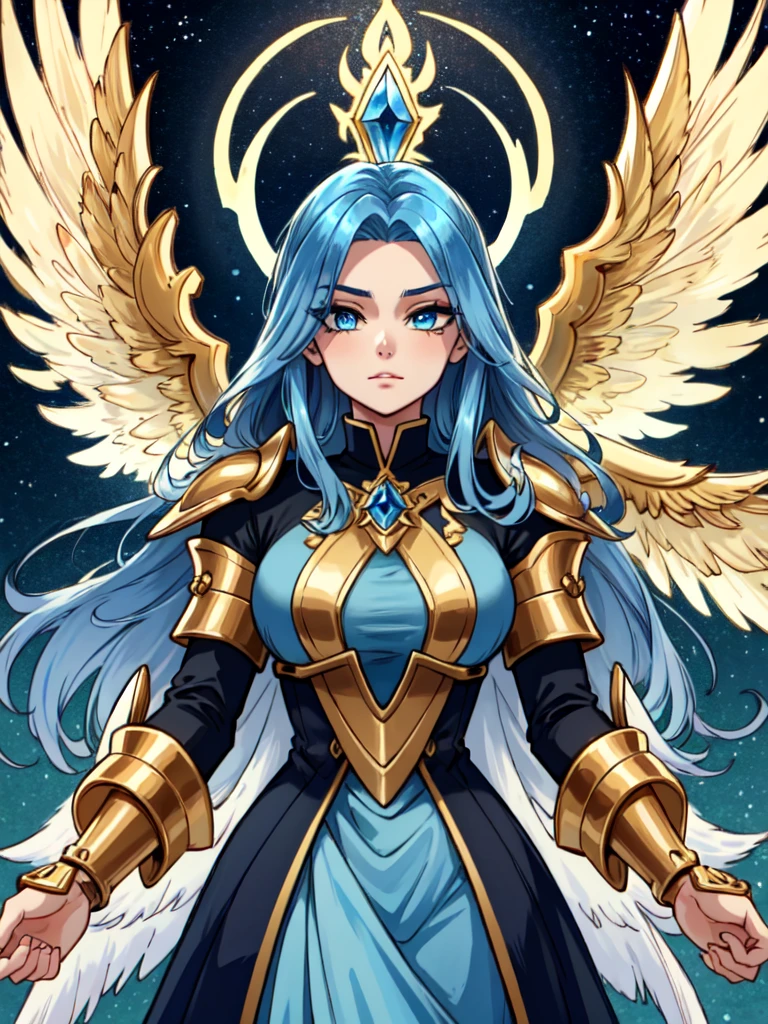 ethereal beauty, with long flowing hair the color of spun gold that seems to shimmer with divine light. Her eyes are a piercing azure blue, filled with compassion and determination. She wears intricately crafted armor adorned with symbols of celestial power, and her wings, when unfurled, radiate a soft, golden glow, hinting at her celestial heritage.