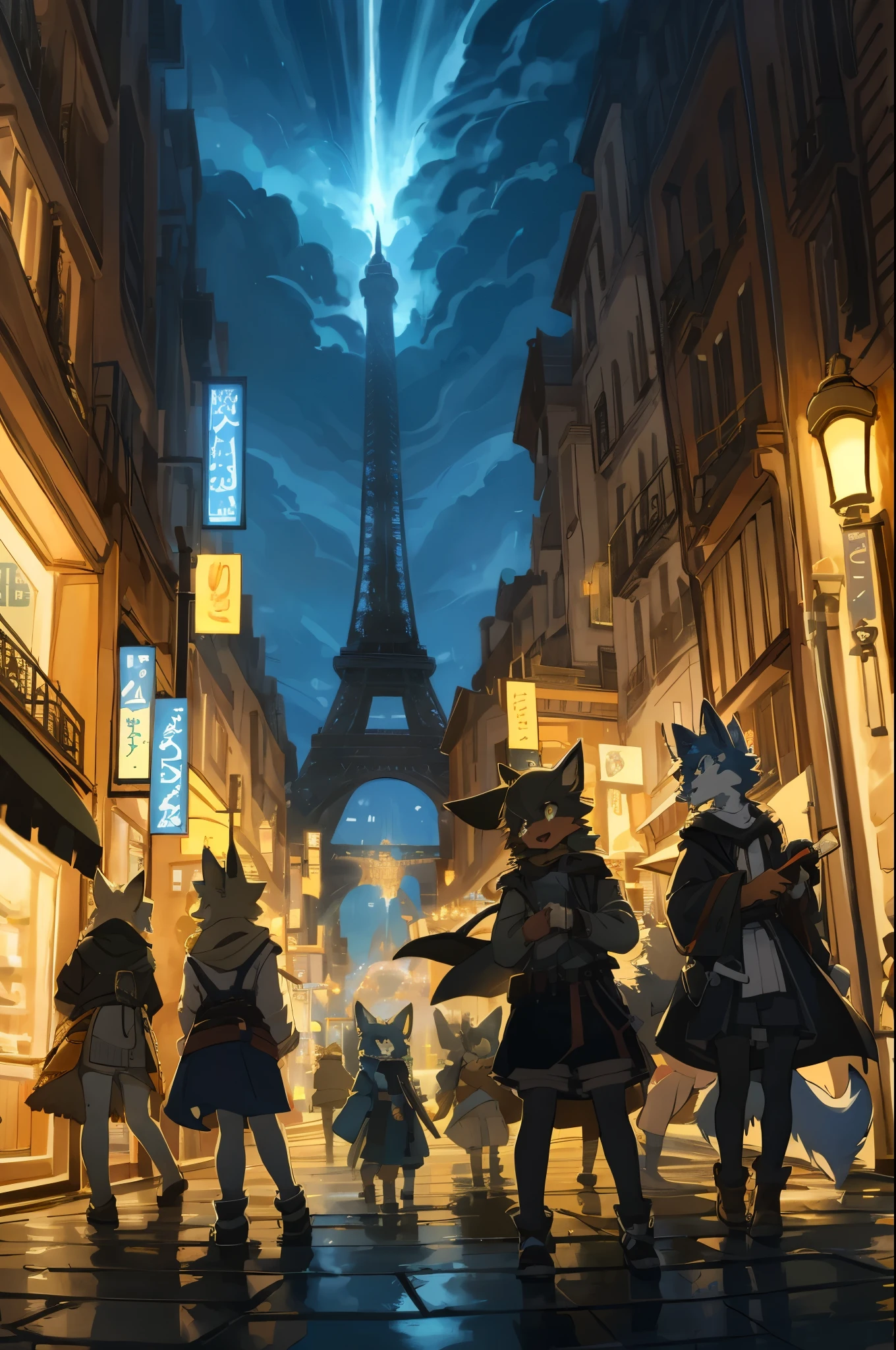 top quality, best quality, High-quality illustrations, masterpiece, super high resolution, detailed background, Streets of Paris, The fountain, 6+boys, 6+girls, absurdres(highly detailed beautiful face and eyes)perfect anatomy, expression, good lighting, cinematic shadow(kemono, furry anthro)assorted poses, dynamic angle,