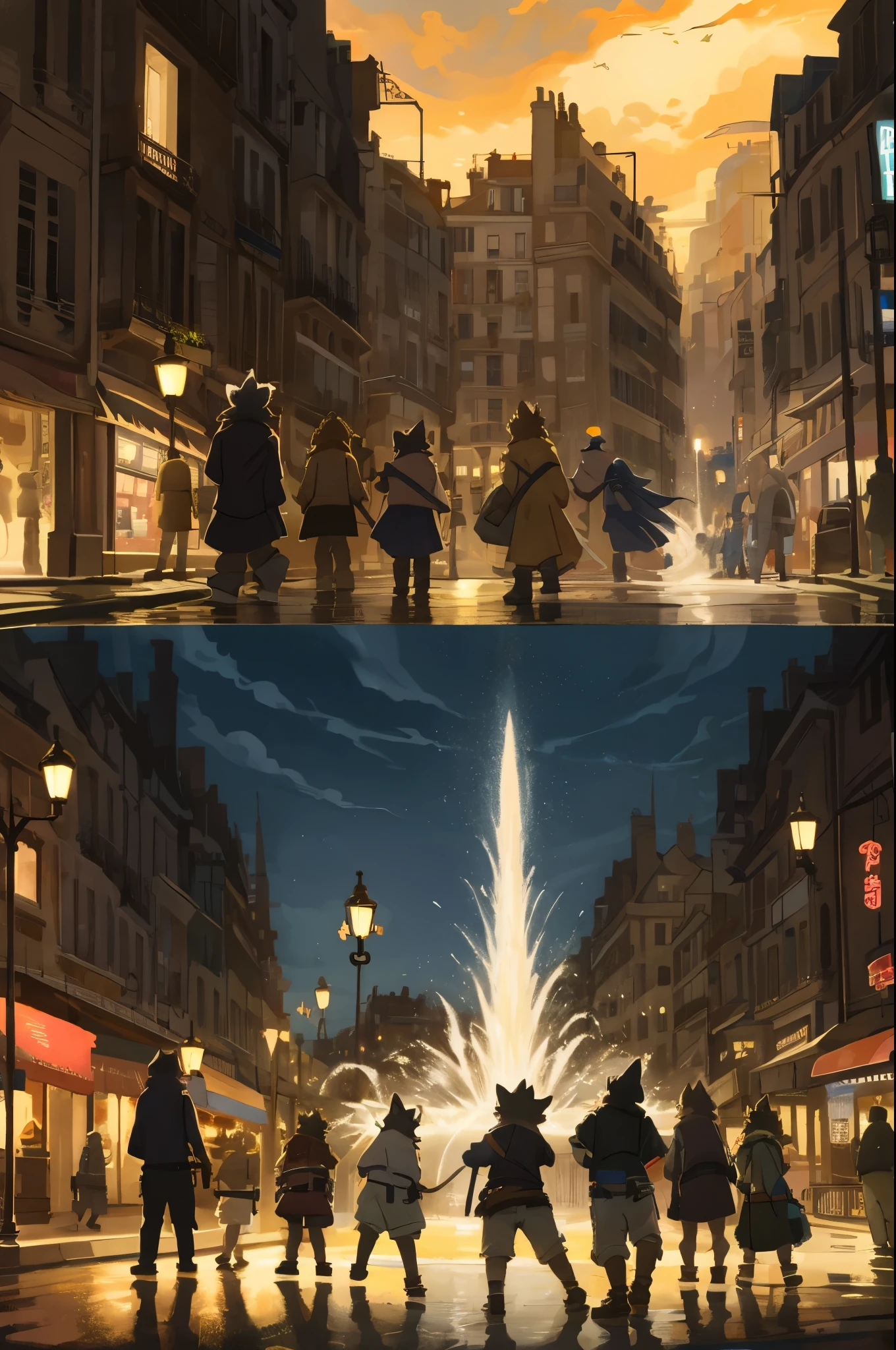 top quality, best quality, High-quality illustrations, masterpiece, super high resolution, detailed background, Streets of Paris, The fountain, 6+boys, 6+girls, absurdres(highly detailed beautiful face and eyes)perfect anatomy, expression, good lighting, cinematic shadow(kemono, furry anthro)assorted poses, dynamic angle,
