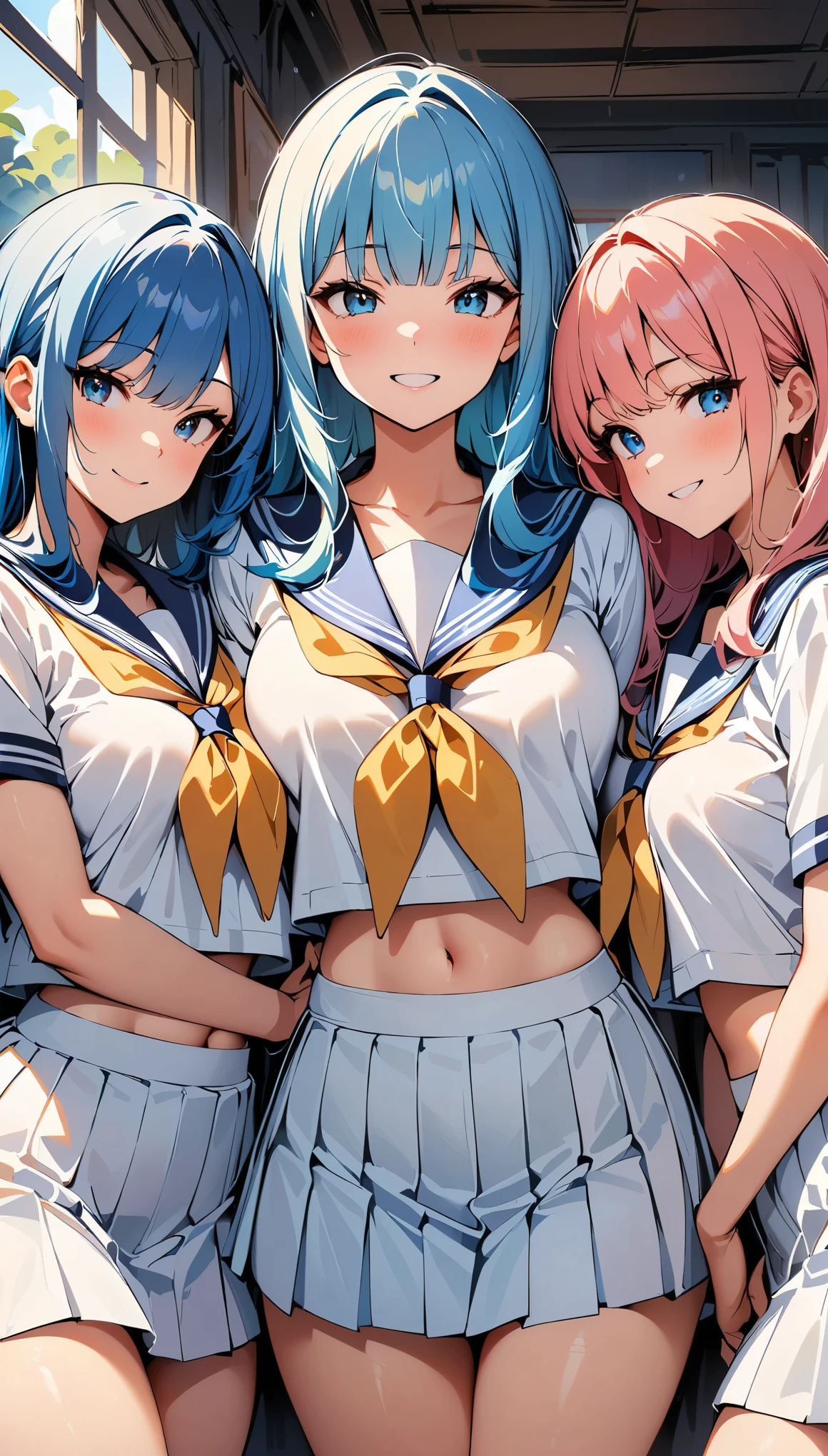 (high quality, 8k, 4K, High Contrast, masterpiece:1.2, 最high quality, Best aesthetics), , ((Four women in sailor suits posing sexy)), Beautiful woman face, Facial details:1.2, Colorful hair colors, The finer details, School Harem, Lots of light coming through the window, happy,