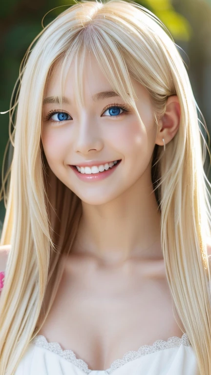 Shining, clear, white skin、Her windblown blonde hair hides her beautiful face、huge、20 years old cute sexy little beautiful face、Beautiful straight hair that stands out、growing up, Sparkling light blue eyes、long silky bangs that cover cute eyes, Sexy and cute young woman with super long hair hiding her sexy face、Super long, natural platinum blonde shiny hair Beautiful and subtle white teeth smile An angelic smile Beautiful bangs that cover the forehead and reach the eyebrows Beautiful décolletage Beautiful chest Upper Body