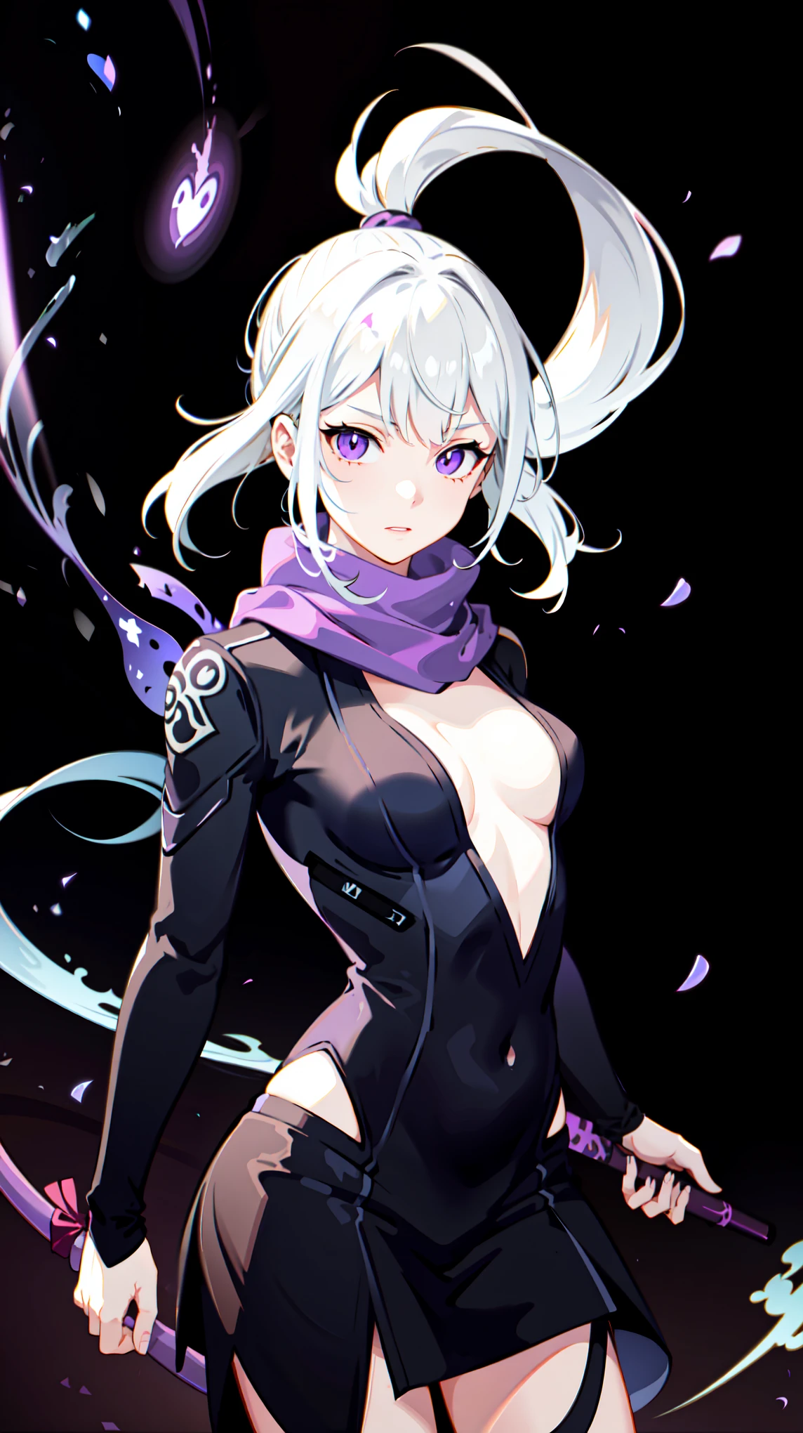 Upper Body, 1 Girl, white hair, Ponytail, Purple Eyes, (Ninja), dagger, Medium breasts ,scarf, wallpaper, Magic array background, Light Particles, Blue flame,