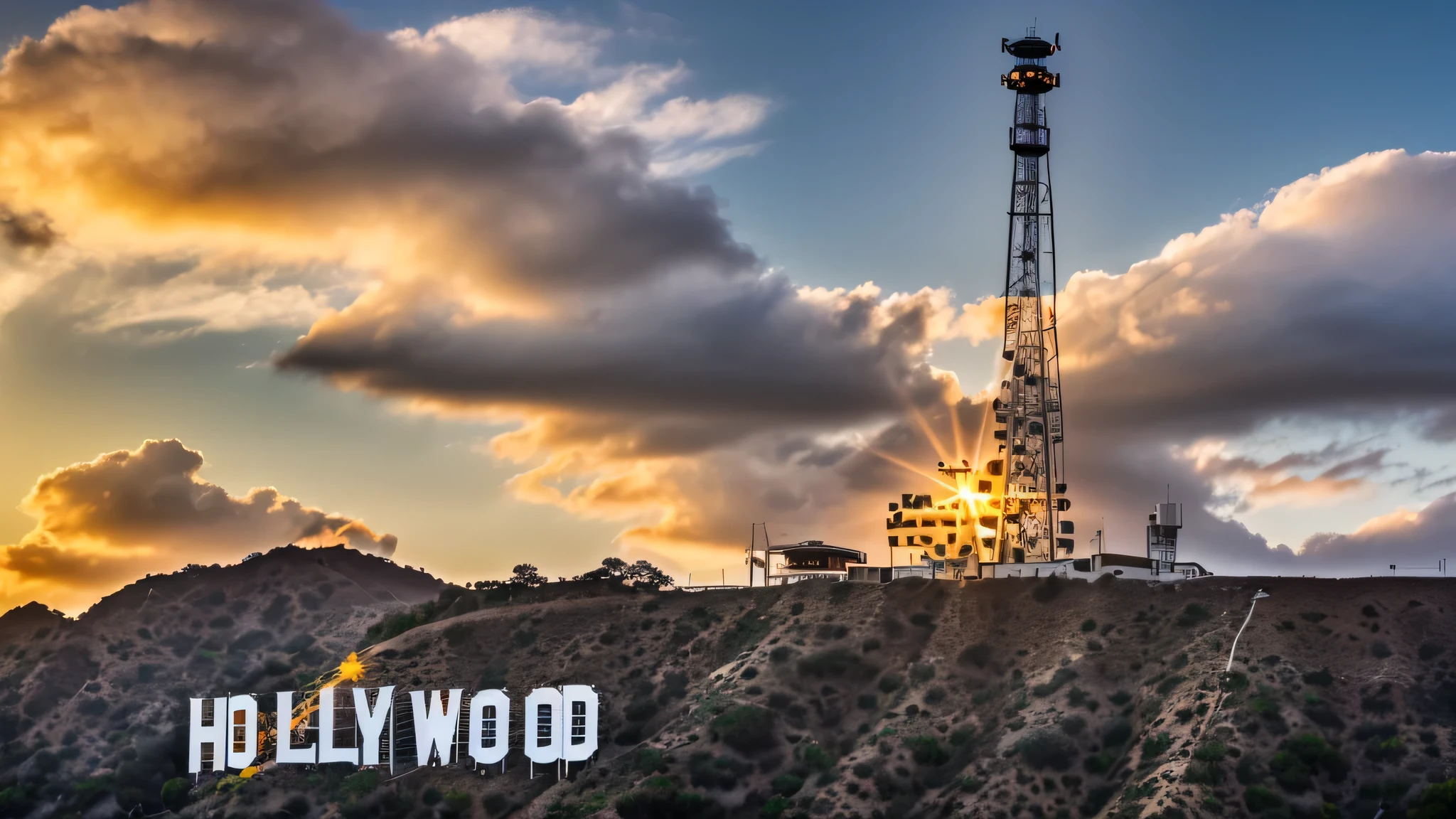 Photography，Clear photos，Sunset，Golden sunlight，arafed view of a Hollywood sign on a hill with a radio tower in the background, Hollywood, Hollywood concept, Hollywood scene, Angel ca, Zoom-out shot, Angel, Hollywood promotional image, Angel 2 0 1 5, 4k photo”, Hollywood movie still, Hollywood standard, 1300 feet tall, California