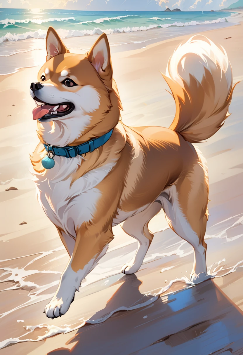 Imagine a lovely and cheerful scene.: Shiba Inu is walking on the beach