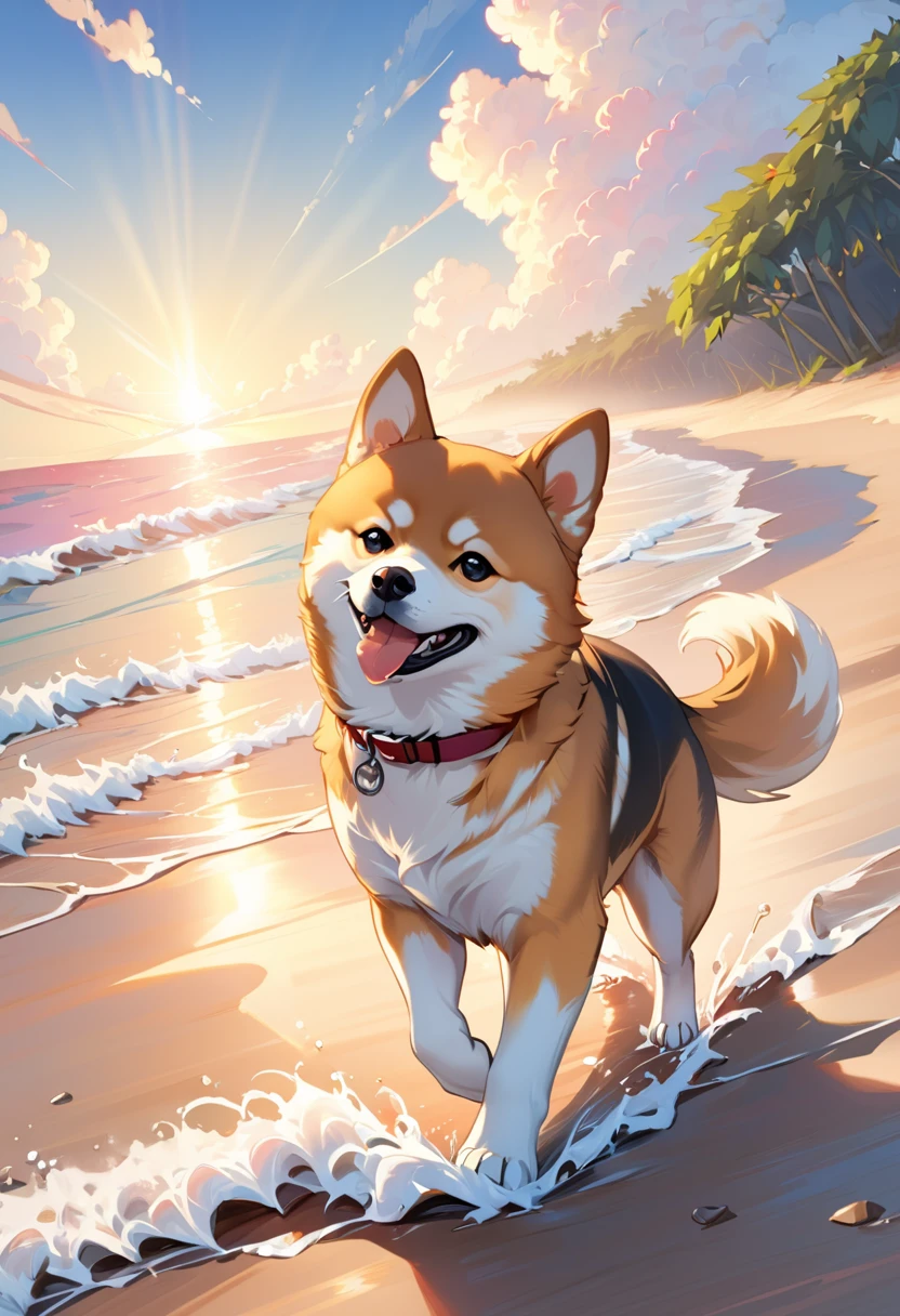 Imagine a lovely and cheerful scene.: Shiba Inu is walking on the beach