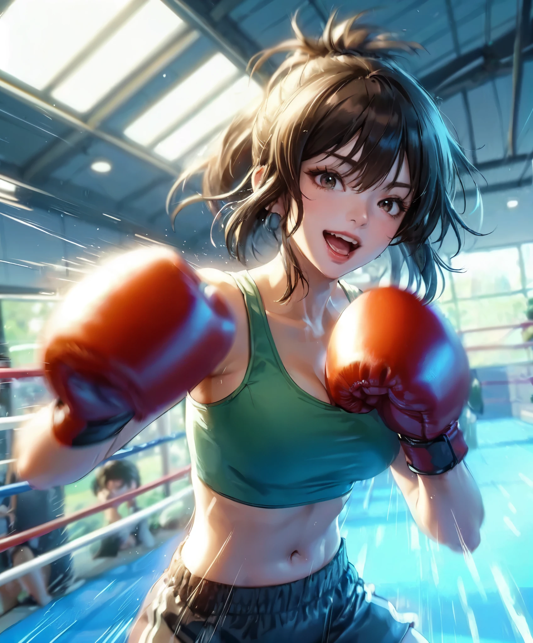 1lady solo standing, (sparring with sandbag), (dynamic posing), (stylish boxing outfit), (crop top) (sporty shorts), mature female, /(dark brown hair/) bangs (messy hair), (light smile:0.8), open mouth, (teeth:0.8), (masterpiece best quality:1.2) delicate illustration ultra-detailed, large breasts BREAK (wearing glove), (motion blur:1.2), (blurred glove:1.2) BREAK (boxing gym) indoors, (sandbag hanging from ceiling), noon, crowded, detailed background