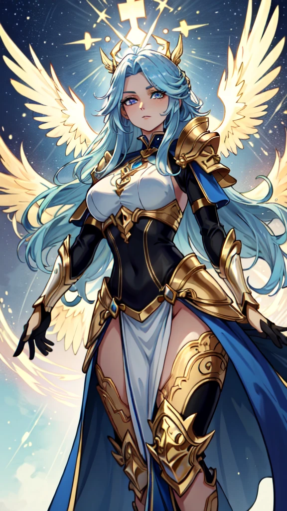 ethereal beauty, with long flowing hair the color of spun gold that seems to shimmer with divine light. Her eyes are a piercing azure blue, filled with compassion and determination. She wears intricately crafted armor adorned with symbols of celestial power, and her wings, when unfurled, radiate a soft, golden glow, hinting at her celestial heritage.