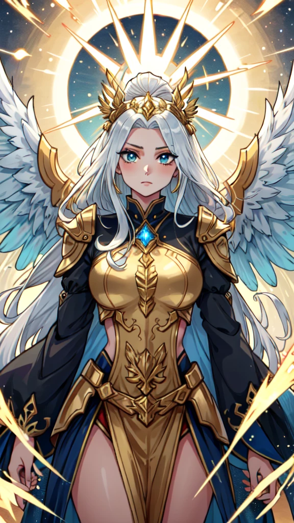 Best quality, 8K,woman vintage super hero, beautiful and detailed face, red curly long hair,gold tiara, big eyelashes,big angel´s wings,LOOKING TO observer,silver metalic armour over bodystocking, SHINY GLOSSY PANTYHOSE,armlets,black belt,over the knee boots,white neutral scenario