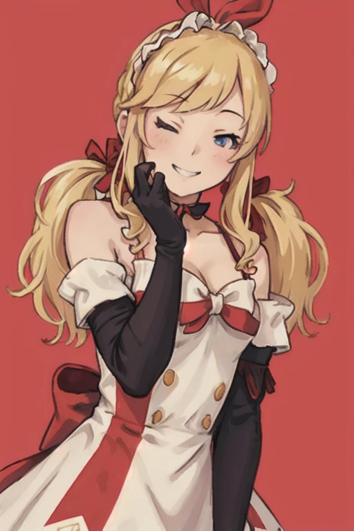 ohtsuki yui, 1girl, breasts, blonde hair, one eye closed, solo, large breasts, blue eyes, smile, twintails, cleavage, looking at viewer, long hair, bare shoulders, bangs, blush, striped, dress, frills, detached sleeves, bow, red bow, striped dress, ribbon, elbow gloves, gloves, hairband, grin, low twintails, upper body, red ribbon, red dress, hair ribbon, gradient background,