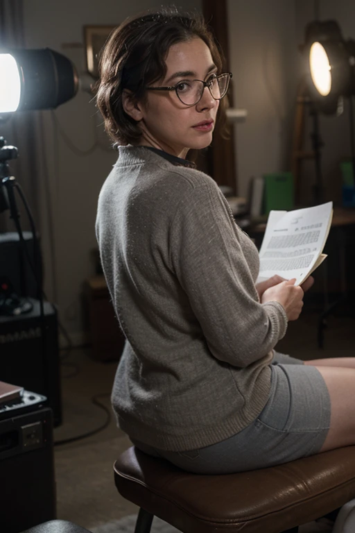 ((best quality)), ((masterpiece)), (detailed), perfect face, cinematic shot, wide shot, low angle, from the back, of a middle-aged man, grey hair, sitting in a Directors Chair, looking towards the viewer, holding a movie script, glasses, wearing 1930 style clothes, cinematic equipment in the background, lighting equipment visible, flaring, bokeh
