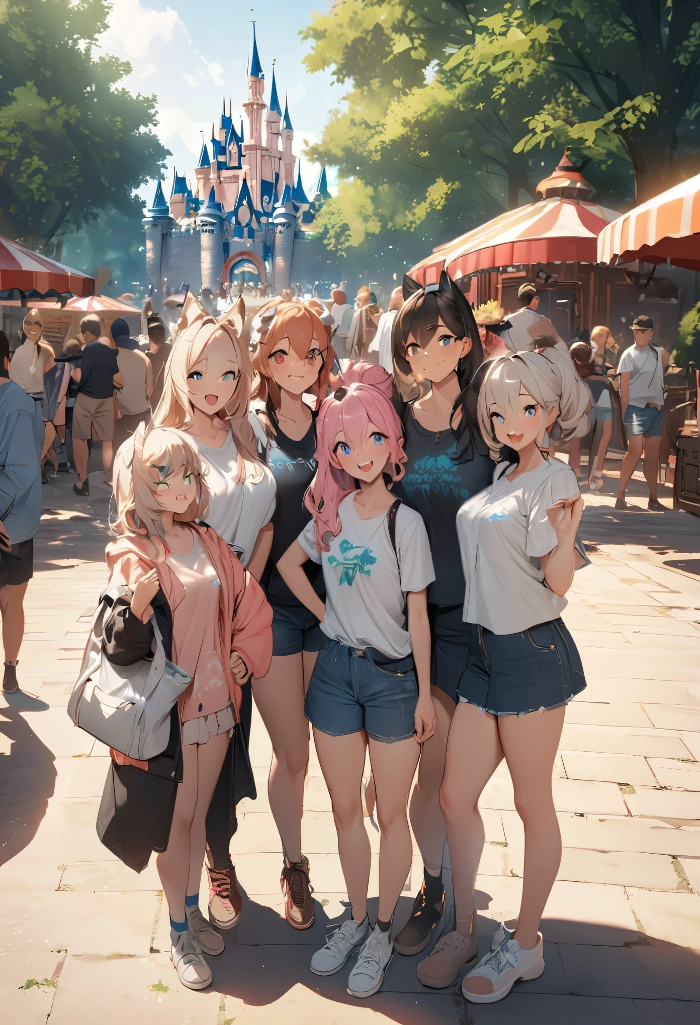 top quality, best quality, High-quality illustrations, masterpiece, super high resolution, detailed background, detailed background, An amusement park, Disneyland, group shot:0.5, 6+boys, 6+girls, Happy, joyful, absurdres(highly detailed beautiful face and eyes)perfect anatomy(Photos taken with friends)(kemono, furry anthro),