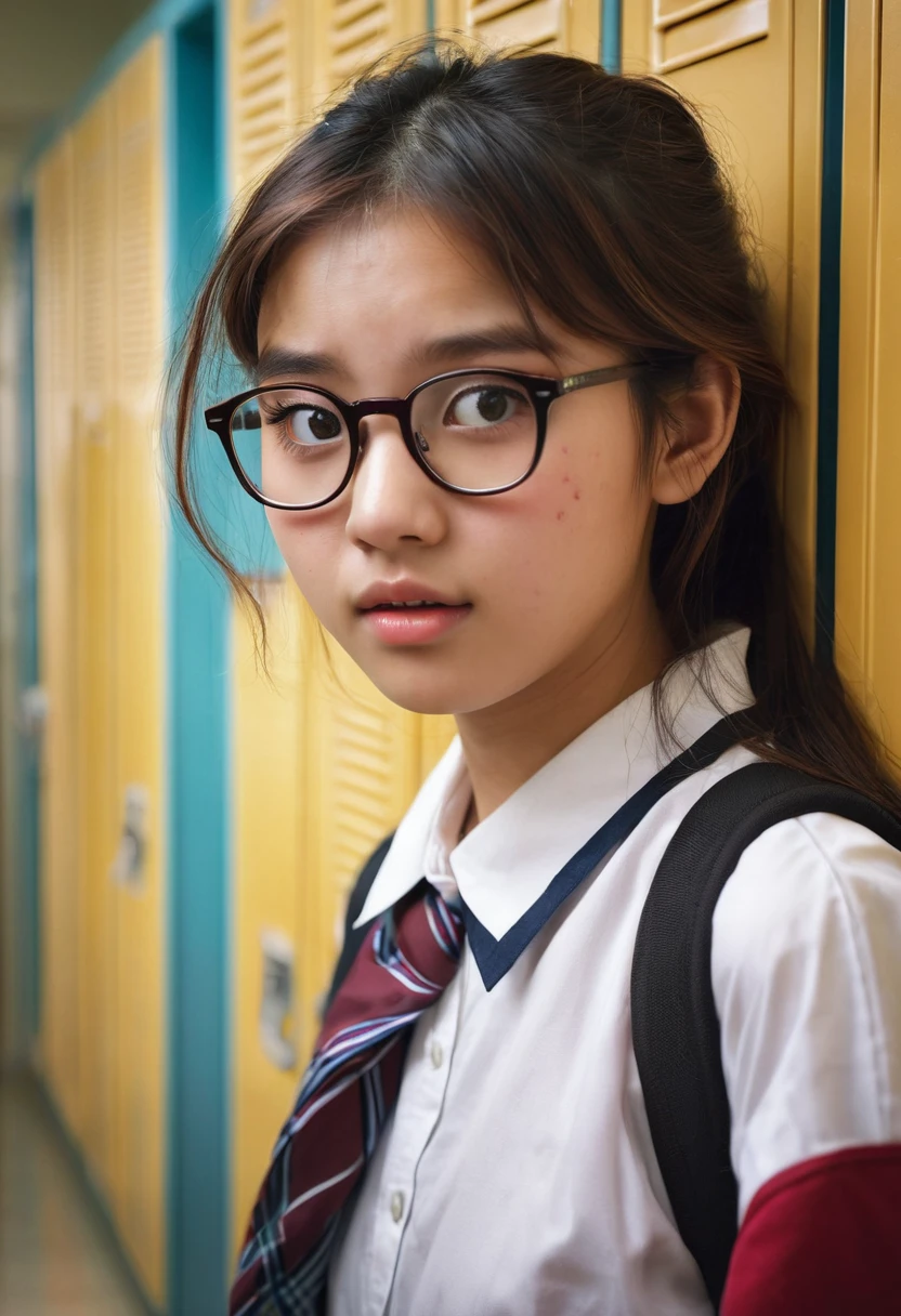(high resolution:1.2),ultra-detailed,realistic,age girl wearing nerdy glasses and having acne,she is discreetly concealing herself behind a school locker,curiously glancing at her crush, who is wearing a basketball jersey and appearing incredibly attractive,determined eyes,shy smile,heavy breathing,sweaty hair tousled by the wind,rigorous ,timidly pimple-popping,blushing cheeks,school hallway with lockers,dimly lit corridor,gentle sunlight streaming through the window is a perfect combination of keywords for a soft and dreamy atmosphere.,crushed pieces of paper scattered on the floor,carefully arranged schoolbooks in the background,whispering whispers and laughter echoing in the distant background,A nerd girl's secret admiration echoes the remaining keywords for her crush,adolescent discovery of love,unrequited teenromance,hidden longing and admiration,shy encounters in the hallways,innocent teenage ms,梽weet anticipation,Psychological description: Schoolgirl's fantasies dancing in her imagination,unnoticed yet fervent affection,False gorgeous description riveted by his every move,Psychological activity unaware captivation is a door to her hidden world of imagination and passion,furtive glances,梽weaty palms,Quietly describe racing heartbeats,warm waves of blush spreading across her face,untold desires hidden within her heart,Semiboldbelied by the bookish appearance,early adolescent love blossoms in secrecy梽captures the essence of teenage year and vulnerability,reflection of youth's innocence and devotion, Itch Relief,playful innocence,cherished memories of first love,heartfelt emotions captured in a single moment,pure and unadulterated love unveiled.