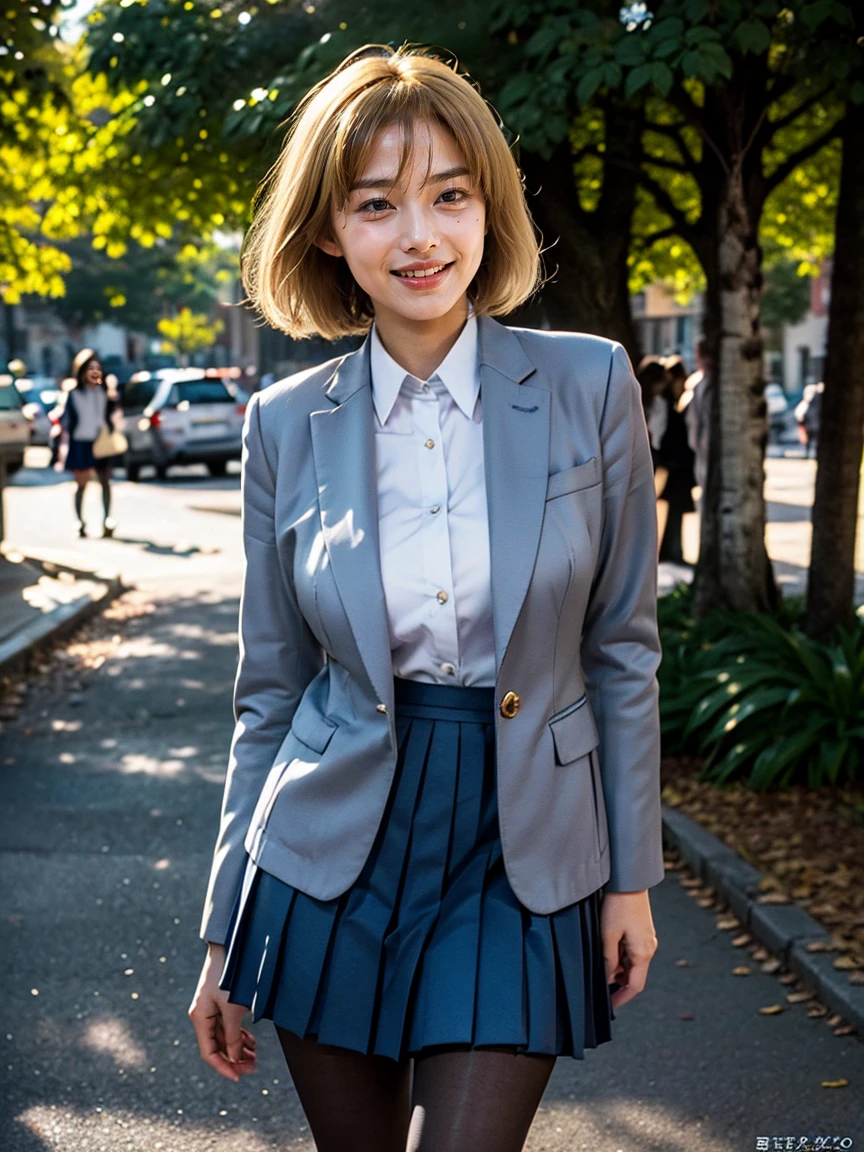 (1 lady), (Best quality at best:1.4), (ultra - detailed), (extremely detailed CG unified 16k), A Beautiful Woman with Perfect Figure: 1.4, Sharp Focus: 1.2, very detailed, High-definition RAW color photo, professional photoshooting, amazing face and eyes, cosmetics, (amazingly beautiful girl), ((jksatoko)), ((scho0l uniform, blue pleated skirt, white shirt, gray blazer, black pantyhose)), standing, sexyposture，outside huge cathedral, tree, nature, (look from down), realistic cinematic face, head to feet long wide zoomed out view, full body long view, photorealistic, ((realistic natural blonde hair style, violet eyes, pure golden blonde yellow hair)), gorgeous, extremely beautiful face, perfect model beauty, pout mouth, Highly Detailed Face and Skin Texture, Detailed Eyes, Double Eyelids, ???????????, Smile, ???????? smile, laughing hard, cleavages, western, (masterpiece), best quality, high resolution, extremely detailed, blurred background, depth of field, cinematic lighting, amazing legs, high heels, clear and well-cared skin,