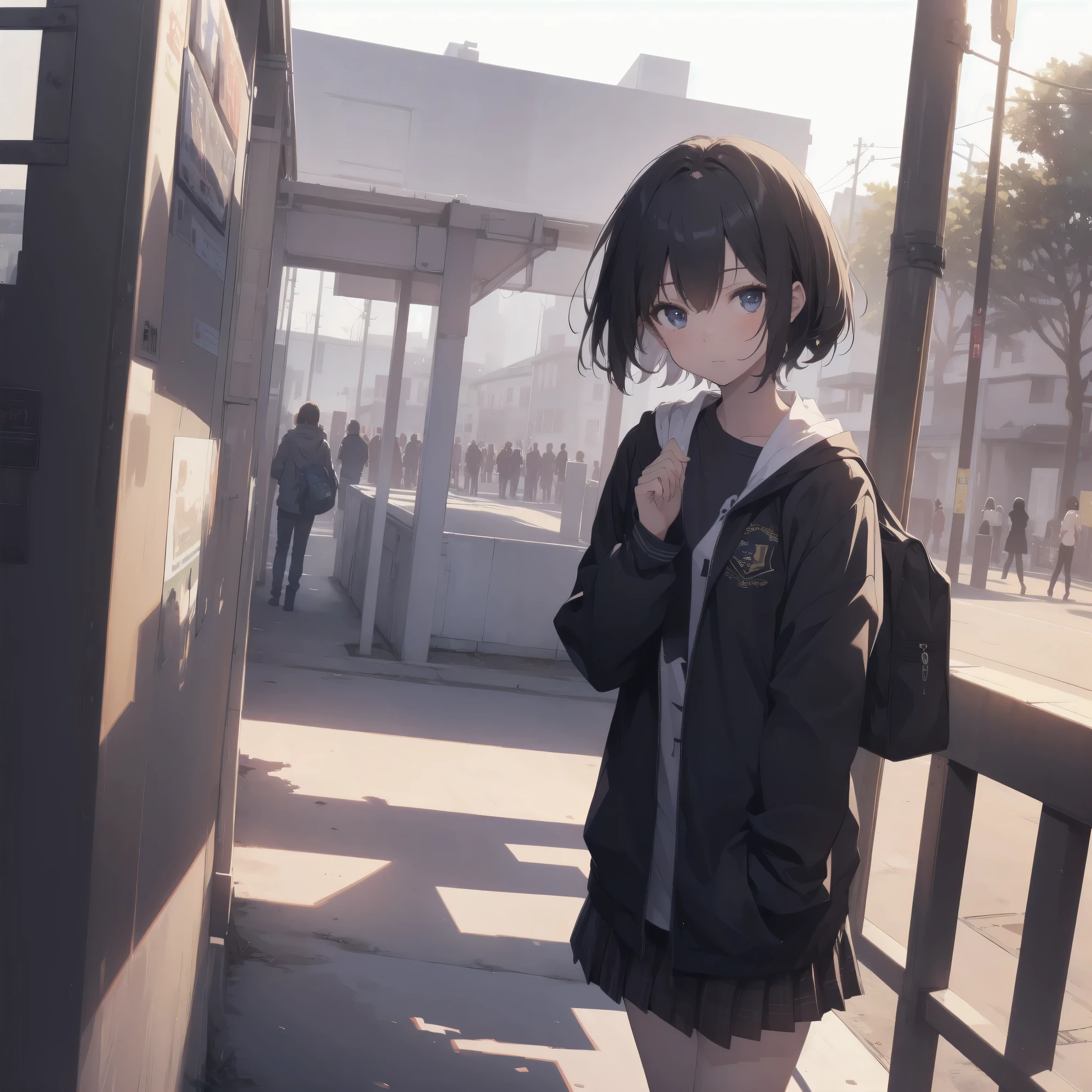 ultra-absurdres-Top quality by artist God, ultra-detailed, high resolution, anime moe artstyle, best anime 8k konachan wallpaper, pixiv contest winner,pool:2810, perfect anatomy,break, 1girl, (Please draw a girl walking sleepily to school alone. )break,(Solo,little female, -yeld:1.Full limbs, complete fingers,a junior hishort hair), short cut, flat chest, , small butt, small black eyes, beautiful detailed eyes, well-proportioned iris and pupils, expressive eyes, highres detailed hair, soft expression, school_uniform, official_alternate_costume, pleated skirt,(Detailed Lighting), (Detailed background), in the School commute route. break,super detailed skin, Best cinematic lighting powered by famous artist, 8k,beauty illustration,photoshop_(medium),very aesthetic,break,((artist:blade_(galaxist) )), artist:akinashi yuu ,artist:oyari ashito ,artist:kantoku ,