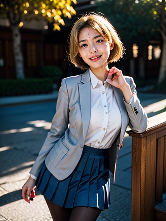 (1 lady), (Best quality at best:1.4), (ultra - detailed), (extremely detailed CG unified 16k), A Beautiful Woman with Perfect Figure: 1.4, Sharp Focus: 1.2, very detailed, High-definition RAW color photo, professional photoshooting, amazing face and eyes, cosmetics, (amazingly beautiful girl), ((jksatoko)), ((scho0l uniform, blue pleated skirt, white shirt, gray blazer, black pantyhose)), standing, sexyposture,outside oriental temple, tree, nature, (look from down), realistic cinematic face, head to feet long wide zoomed out view, full body long view, photorealistic, ((realistic natural blonde hair style, violet eyes, pure golden blonde yellow hair)), gorgeous, extremely beautiful face, perfect model beauty, pout mouth, Highly Detailed Face and Skin Texture, Detailed Eyes, Double Eyelids, Big Breasts, Smile, flirting smile, laughing hard, cleavages, western, (masterpiece), best quality, high resolution, extremely detailed, blurred background, depth of field, cinematic lighting, amazing legs, high heels, clear and well-cared skin,