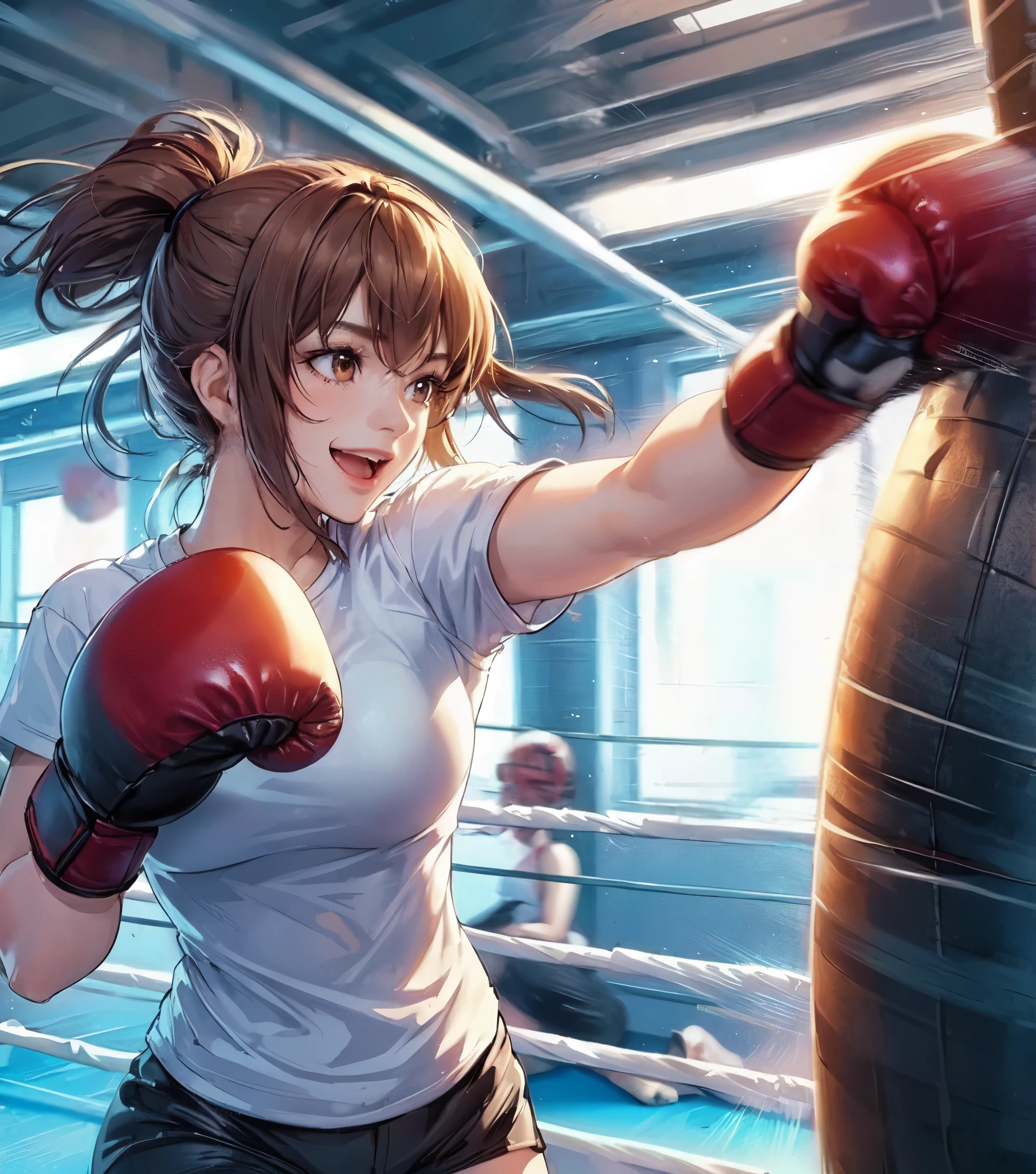 1lady solo standing, (sparring with sandbag), (dynamic posing), (stylish boxing outfit), (T-shirt) (sporty shorts), mature female, /(brown hair/) bangs (messy hair), light smile, open mouth, (teeth:0.8), (masterpiece best quality:1.2) delicate illustration ultra-detailed, large breasts BREAK (wearing glove), (motion blur:1.2), (blurred glove:1.2) BREAK (boxing gym) indoors, (sandbag hanging from ceiling), noon, crowded, detailed background
