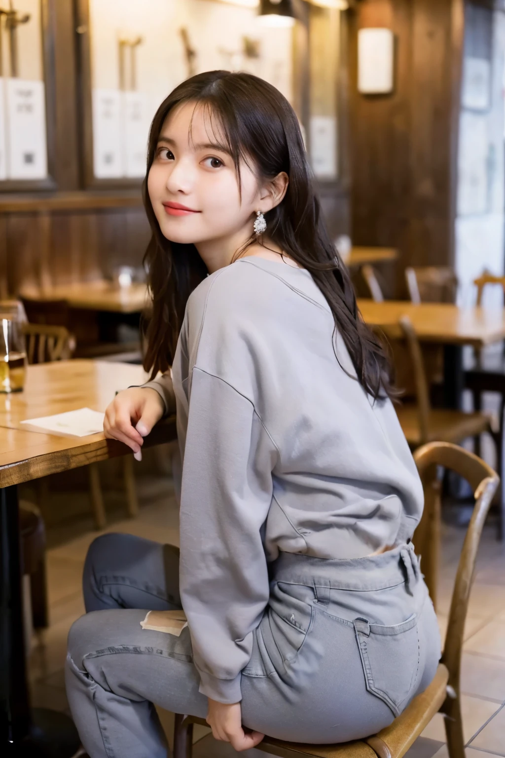 highest quality, masterpiece, Ultra-high resolution,(Realistic:1.4), (RAW Photos:1.2), (Sit on a chair:1.2), (Detailed ass:1.1), At a restaurant,half_smile, Fine grain, (View your viewers:1.2), (Grey casual clothes), (Casual pants:1.2), (Beautiful Face:1.2), (French Twist:1.2), tits, girl, 18-year-old, , Earrings, Cute Necklace