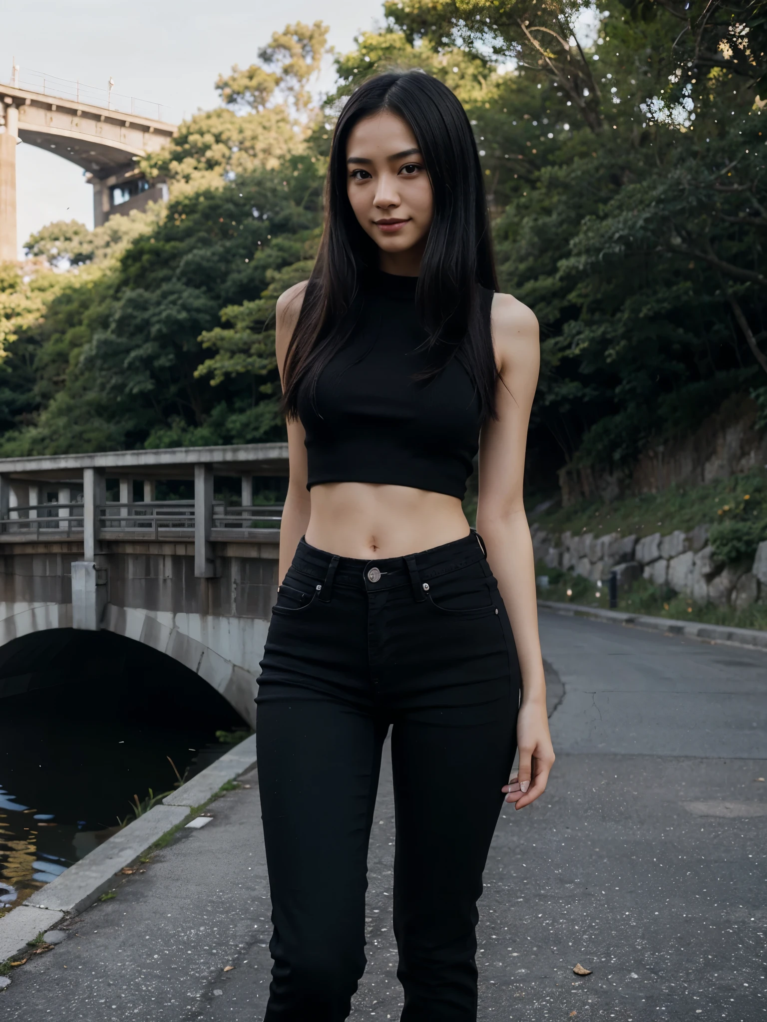 8k, RAW photo, best quality, ultra high resolution, (photorealistic), realistic photo of skinny japanese girl, (skinny japanese girl, 18 years old japanese girl, most beautiful japanese girl in the world, slim face, black hair, straight hair), on the bridge, river bank view, futuristic bridge design, (full body picture), (photo from the side), standing posing for picture, sexy pose, shy, cute smile, wearing black jeans tpp, (black jeans top), wearing tight black jeans pants, (tight black jeans pants), (looking at viewer), shy smile, (extremely detailed CG unity 8k wallpaper), sharp focus, (bright light)