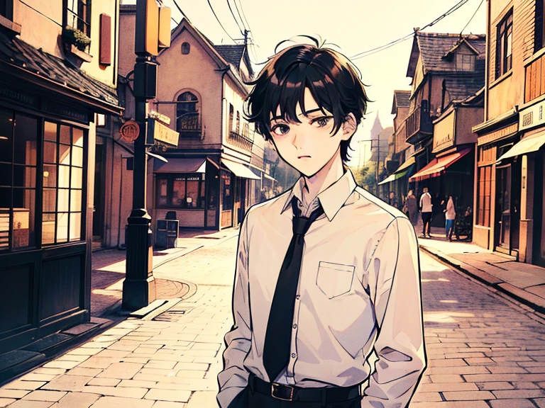 ((((boy, men)))),(((taken from the front, 1 boy, white , short hair, black hair, black eyes, high school student, tall, serious face, tie))), (On the way home from school), (Uniform), (Masterpiece), (High resolution), (Top quality), (Super delicate), ((Line drawing manga style)), Wallpaper, Manga style illustration, Painting style, (unique atmosphere), unique world view, unique atmosphere, ((town)), (masterpiece), (high resolution), (highest quality), (super delicate), line drawing manga style, comic style illustration, how to draw, warm outline color, (clear), (obvious)