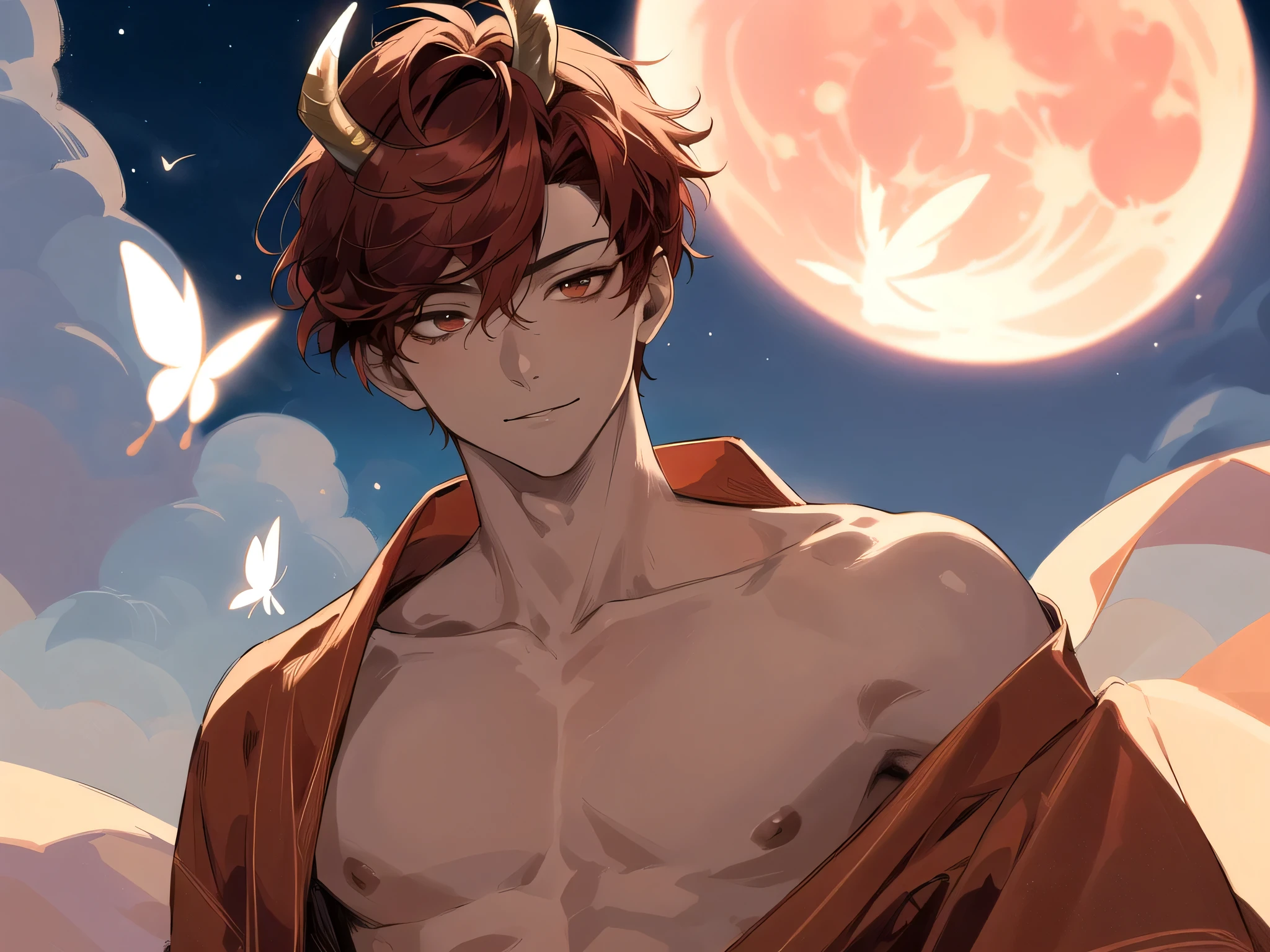 masterpiece,male,one person,Upper Body, Face close-up,Short Red Hair, has horns on its head,Canine,Bright atmosphere, Brown skin, Dressed in a kimono and barefoot,Light Butterfly,Night Full Moon