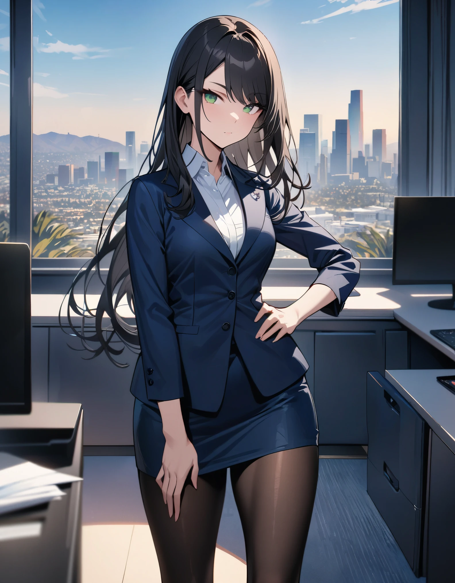 masterpiece, highest quality, solo, solo focus, (perfect face:1.1), (high detail:1.1), office lady, los angeles backdrop, black hair, long hair, side-swept bangs, green eyes, black pantyhose, blue suit, high heel shoes, pencil skirt, miniskirt, one hand on hip, full body shot, cowboy shot