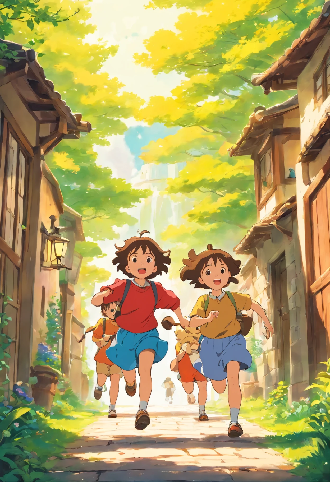 Poster design, (SFW), 3 chicos corriendo, salida de primavera, feliz, mochila en la espalda, escuela al fondo, calidad perfecta, enfoque claro, vistoso, cara perfecta, detalles intrincados, ultra-low viewing angle, Lente gran angular dibujo en la polera logo 6-A