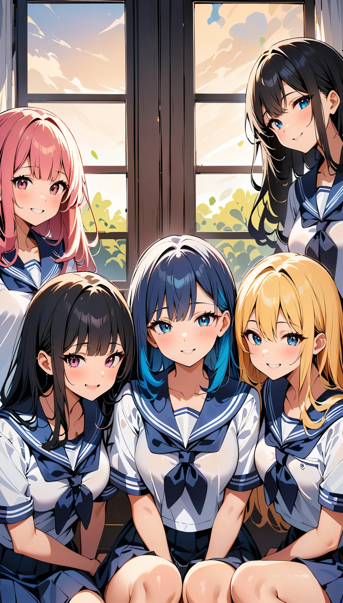 32k, best quality, ultra high res, HDR, UHD, extremely detailed CG, unity 32k wallpaper, ((cute)), (((Trio of schoolgirls standing side by side facing backwards))), (multicolor Hair), (various hairstyles), (multicolor school uniform), (miniskirt), ((library background)), (((((skirt lift by myself))))), (cute underwear), (happy), (smile), ((cowboy shot)),