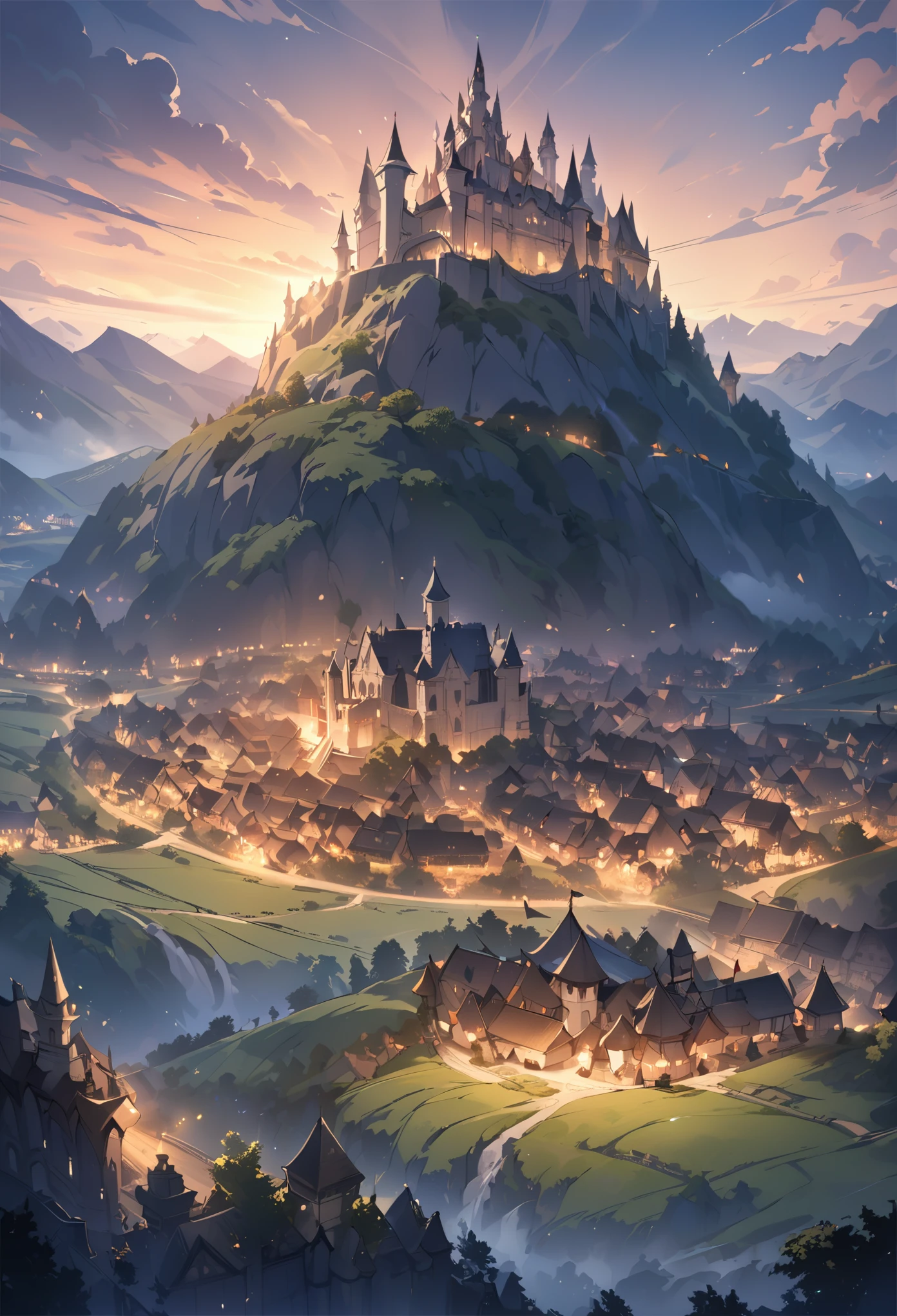 Ultra high resolution, best quality, ((masterpiece)), fantasy, dark, lights, kingdom, castle, hills, fields, villages, scenery