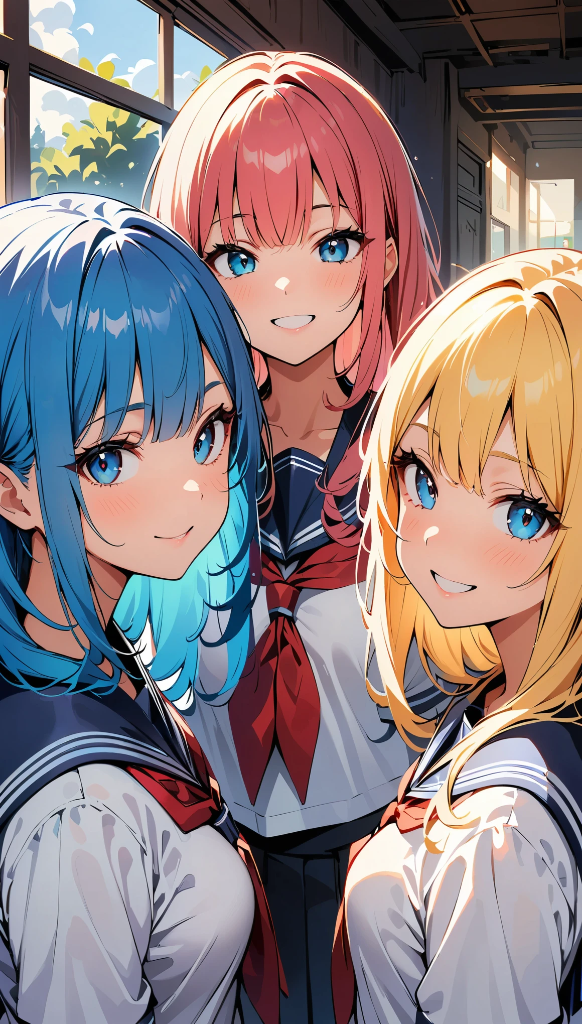 (high quality, 8k, 4K, High Contrast, masterpiece:1.2, 最high quality, Best aesthetics), , ((Four women in sailor suits posing sexy)), Beautiful woman face, Facial details:1.2, Colorful hair colors, The finer details, School Harem, Lots of light coming through the window, happy,