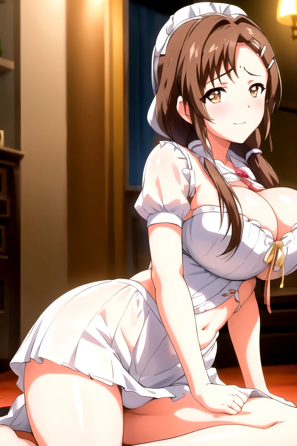 Wedding dress,underwear, Lace, Bare legs, Brown_hair,Brown_Eye,hair_decoration,hairclip,Side Ponytail, Single Braid, 1 girl, 20 years,Young women,fair Finger,fair long legs,fair body,fair Nose,fair character design, perfect Eye, perfect Face,expressive Eye, Looking at the audience, In the center of the image,(Light_Smile:0.5), official art,Extremely detailed CG unified 8k wallpaper, perfect Lighting,rich and colorful, bright_front_Face_灯Light,有Light泽的皮肤, (masterpiece:1.0),(the best_quality:1.0), Ultra-high resolution,4K,Super detailed, photography, 8k, HDR, high resolution, absurd:1.2, Kodak Portrait 400, Film Grain, Blurred background, Bokeh:1.2, 镜头Light晕, (Energetic_color:1.2) (fair,Large target_breast:1.0), (fair_Face:1.5),(narrow_waist), Face红, Smile, Sexy brides