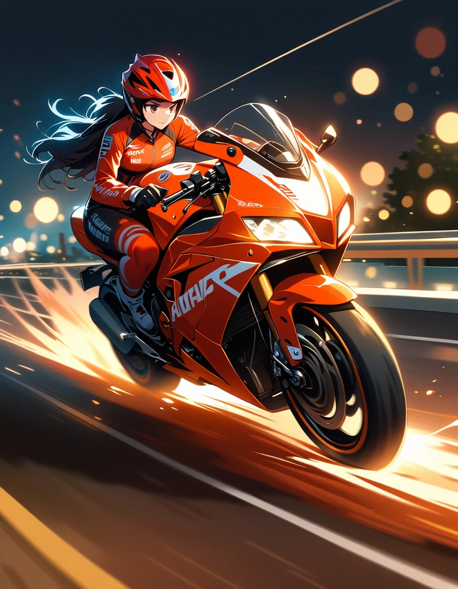 best quality，masterpiece，high resolution，1 girl，bike，whole body，from side，Night driving，Contest，bold composition，Motion Blur，detailed，Bokeh，(Motion blur:1.6)，Dramatic lighting，high speed photography，Motion Blur，Award-winning photography，