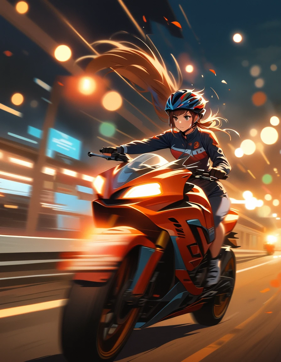 best quality，masterpiece，high resolution，1 girl，bike，whole body，from side，Night driving，Contest，bold composition，Motion Blur，detailed，Bokeh，(Motion blur:1.6)，Dramatic lighting，high speed photography，Motion Blur，Award-winning photography，