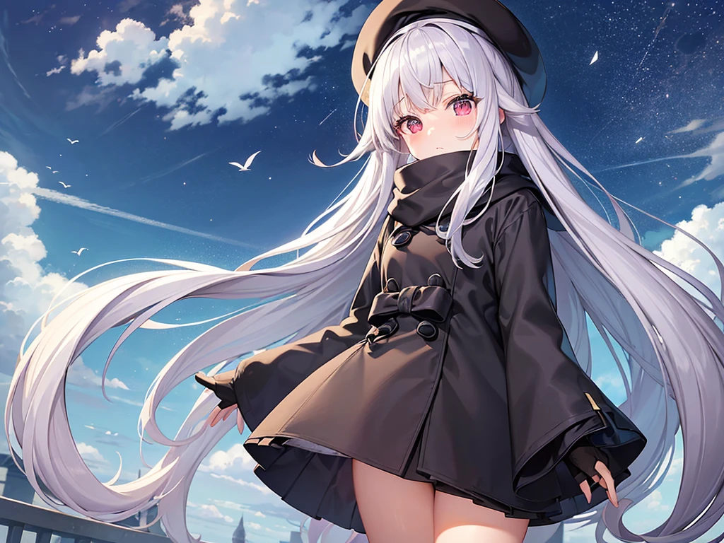 (masterpiece、highest quality)、4K、High resolution、Sharpness、Detailed face:1.2、anime(1.2)、bird's eye view、looking at the camera、Peeping、tilt one's head、cute、Second dimension beautiful girl、14 years old、1 girl、Are standing、White skin、Red Eyes、Small breasts、、Confused eyes、Looking up、Innocent eyes、Expressionless、Embarrassed、Large beret、Sailor suit、Poncho coat、Scarf、woolen gloves、full bang、Gray Hair、Thighs、Absolute area、Pleated skirt、black super mini skirt、Black thigh-high socks、Black knee-high socks、Heart symbol、love