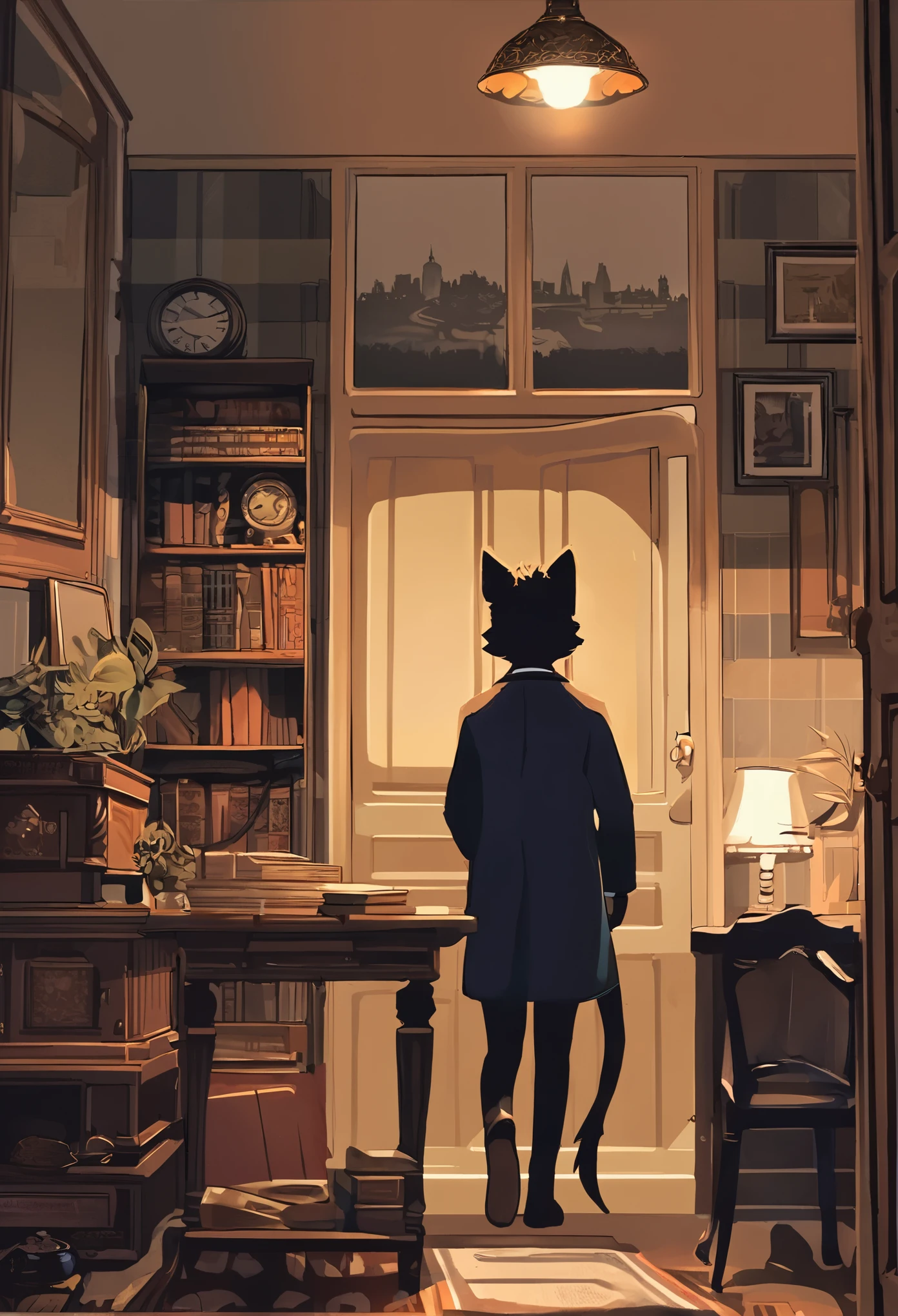 top quality, best quality, High-quality illustrations, masterpiece, detailed background, Details of antiques and books in Holmes’ apartment study, Tense moment of Dr. Watson feeling for the gun on the table, Contrast of gas lamp’s light and shadows on London’s night streets, Baker Street 221B entrance door and doorstep decor, Recreation of the Triumph stage, Holmes and Watson progressing vividly, absurdres, perfect anatomy, cinematic lighting(2boys, kemono, furry, anthro)dynamic angle,