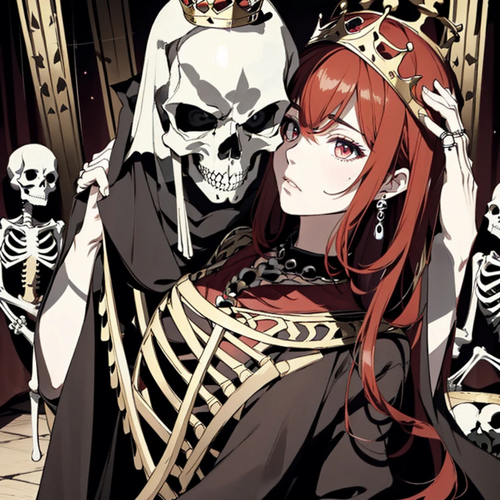 ((highest quality)), ((masterpiece)), (be familiar with), Perfect Face、魅惑の身体
serika（FE）、women are１Only people＝serika、Red hair、The perfect proportions、semi-long、necklace、Bangles、Caster wheel、Luxury Accessories、first round、Fallen into evil、Skeleton Fall、Blank look、Engagement Rings、Hollow Eyes、Dark Room、Red magic circle on the floor、大量のSkeleton Candelabraと蝋燭、darkness、Skeleton Altar、A large number of skull objects、Big magic circle on the floor、Skeleton Candelabra、Luxury Jewelry、Skeleton Crown、Large skull pendant、empty eyes、Apathy、Expressionless、Bone ornaments、Skull Accessories、Temple of the Skeletons、Skeleton Crown、Skull King is male、A ton of skeletons、pregnancy、Last month of pregnancy、全naked、naked、Skull King and the Wedding、Making Love with the Skull King、Bones become clothes、wear bones、Becoming a bony body、Skull King is my husband、bones costume、Become the Skullking&#39;s wife、Embrace the Skull King、Cuddling with the Skull King、Skull King is big、Sit with the Skullking on the Bone Throne、Exchange glances with the Skull King and kiss、Embrace the Skull King and kiss each other、Wear a skeleton on your head、Embracing the bones、incorporated into bones