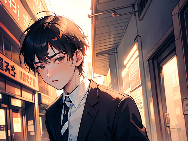 ((((boy, men)))),(((taken from the front, 1 boy, white , short hair, black hair, black eyes, high school student, tall, serious face, tie))), (On the way home from school), (Uniform), (Masterpiece), (High resolution), (Top quality), (Super delicate), ((Line drawing manga style)), Wallpaper, Manga style illustration, Painting style, (unique atmosphere), unique world view, unique atmosphere, ((town)), (masterpiece), (high resolution), (highest quality), (super delicate), line drawing manga style, comic style illustration, how to draw, warm outline color, (clear), (obvious)