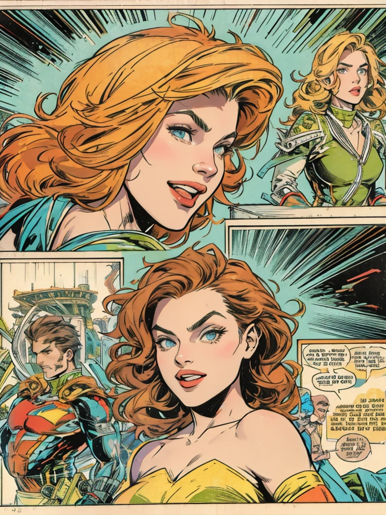 ultimate best quality, beautiful woman super hero,Speech bubble, big page, 4 frames