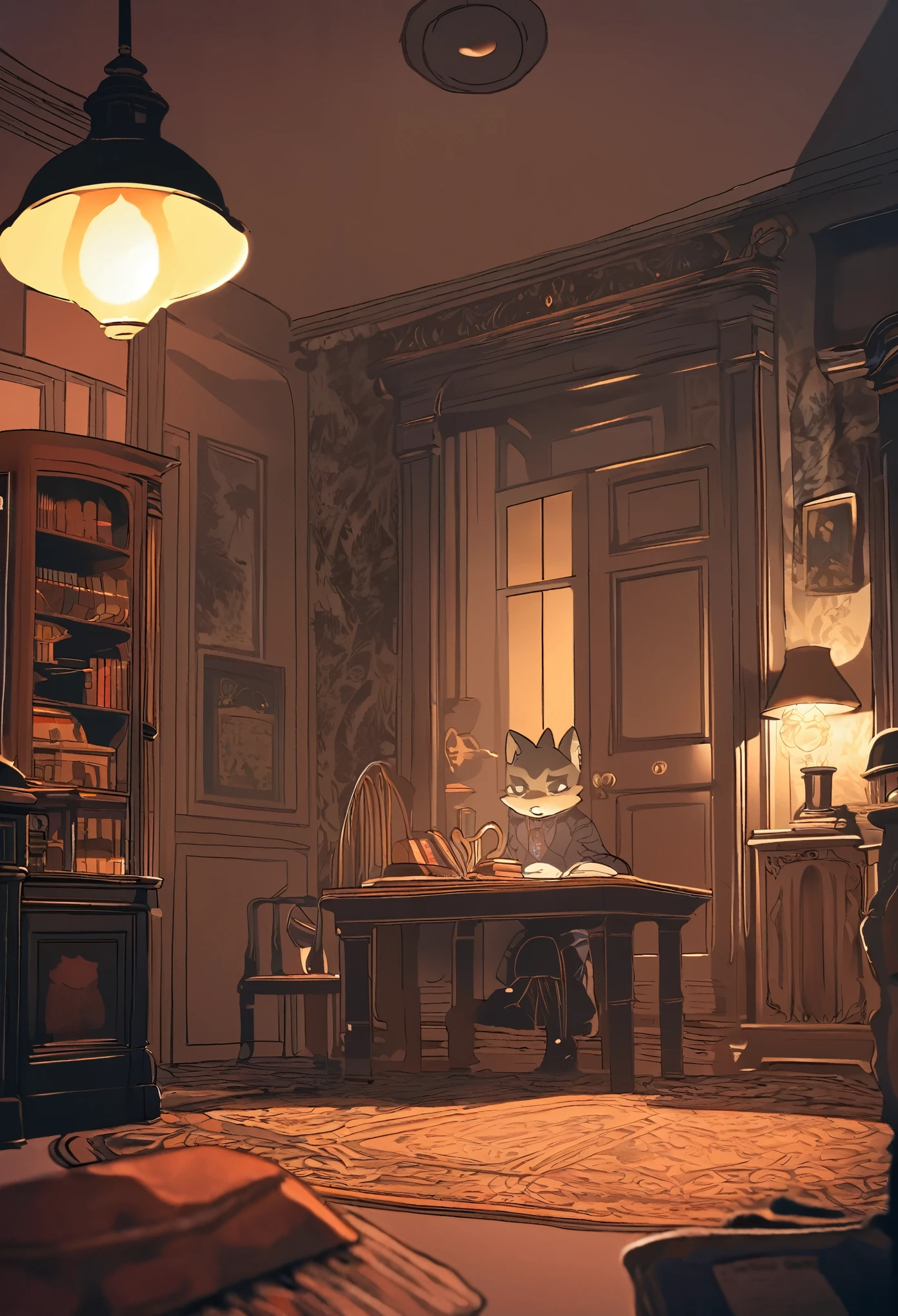 top quality, best quality, High-quality illustrations, masterpiece, detailed background, Details of antiques and books in Holmes’ apartment study, Tense moment of Dr. Watson feeling for the gun on the table, Contrast of gas lamp’s light and shadows on London’s night streets, Baker Street 221B entrance door and doorstep decor, Recreation of the Triumph stage, Holmes and Watson progressing vividly, absurdres, perfect anatomy, cinematic lighting(2boys, kemono, furry, anthro)dynamic angle,