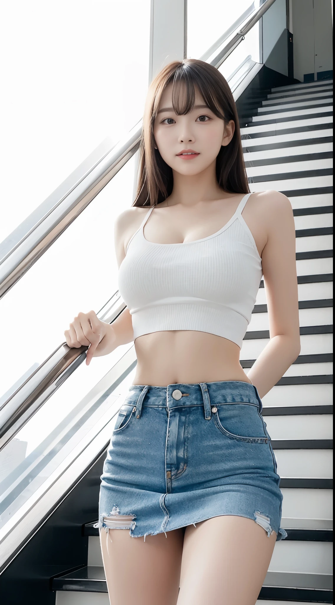 Take the escalator，Escalators，（Stand on the escalator：1.7），from below,Peek from below，（（（（15 U.S. Giant Woman））），one-girl，Crop tops，（（（If you look at the girl from her feet，ssee-through，Lower view））），Towering body，sfv，Hundred fold group，Lift the skirt to see the panties，（1girll：1.9），low angles，looking at viewert，ssmile，Masterpiece,Best quality,offcial art,Extremely detailed Cg Unity 8K wallpaper, Super-short top，You can see underwear，You can see the shape of the breasts，Sexy beauty，Idol face，