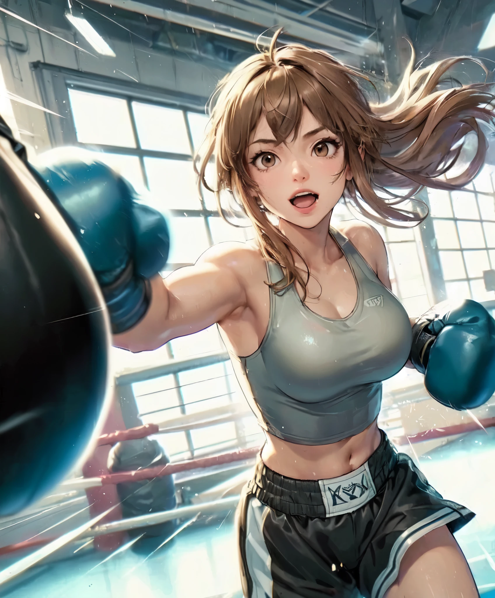 1lady solo standing, (sparring with sandbag), (dynamic posing), (stylish boxing outfit), (T-shirt) (sporty shorts), mature female, /(beige brown hair/) bangs (messy hair), (light smile:0.8), open mouth, (teeth:0.8), (masterpiece best quality:1.2) delicate illustration ultra-detailed, large breasts BREAK (wearing glove), (motion blur:1.2), (blurred glove:1.2) BREAK (boxing gym) indoors, (sandbag hanging from ceiling), noon, detailed background