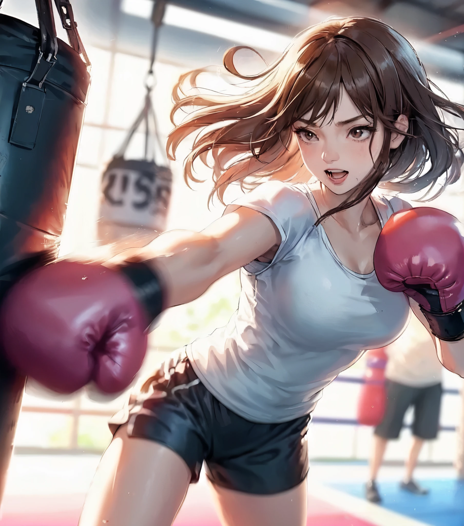 1lady solo standing, (sparring with sandbag), (dynamic posing), (stylish boxing outfit), (T-shirt) (sporty shorts), mature female, /(dark brown hair/) bangs (messy hair), (light smile:0.8), open mouth, (teeth:0.8), (masterpiece best quality:1.2) delicate illustration ultra-detailed, large breasts BREAK (wearing glove), (motion blur:1.2), (blurred glove:1.2) BREAK (boxing gym) indoors, (sandbag hanging from ceiling), noon, detailed background