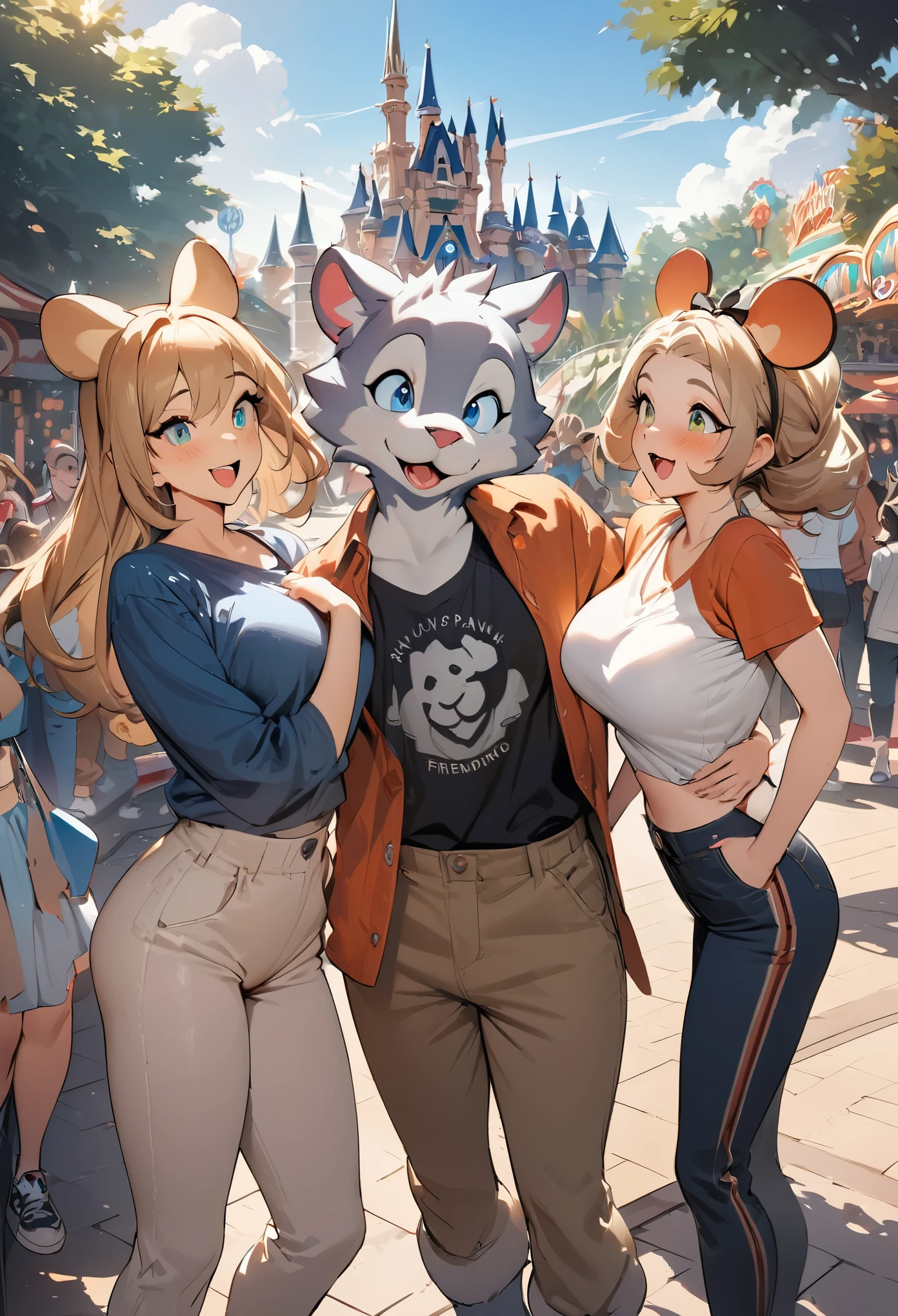 top quality, best quality, High-quality illustrations, masterpiece, super high resolution, detailed background, detailed background, An amusement park, Disneyland, 3+boys, 3+girls, Happy, joyful, absurdres, perfect anatomy(Photos taken with friends)(kemono, furry anthro),