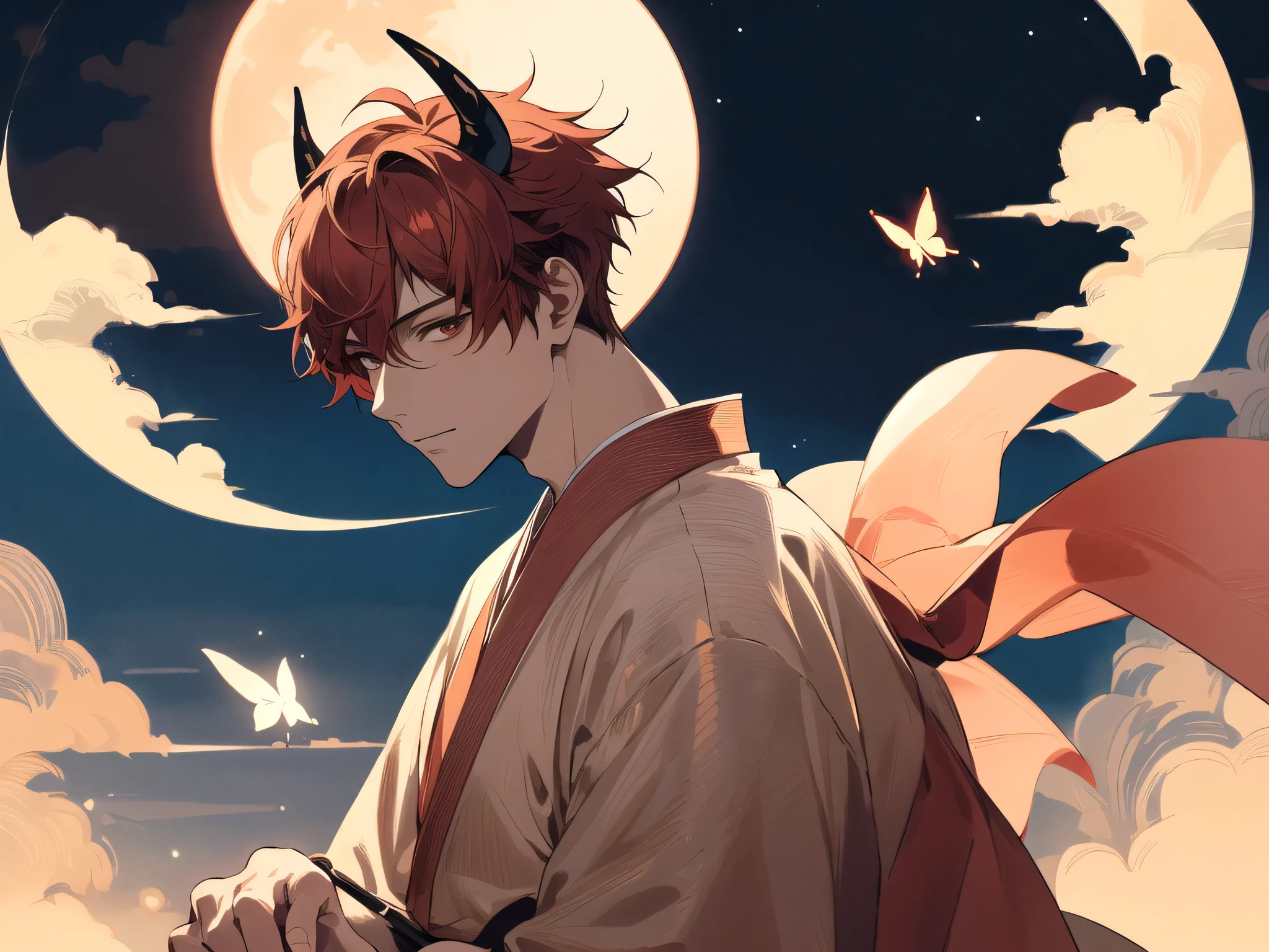 masterpiece,male,one person,Upper Body, Face close-up,Short Red Hair, has horns on its head,Canine,Bright atmosphere, Brown skin, Dressed in a kimono and barefoot,Light Butterfly,Night Full Moon
