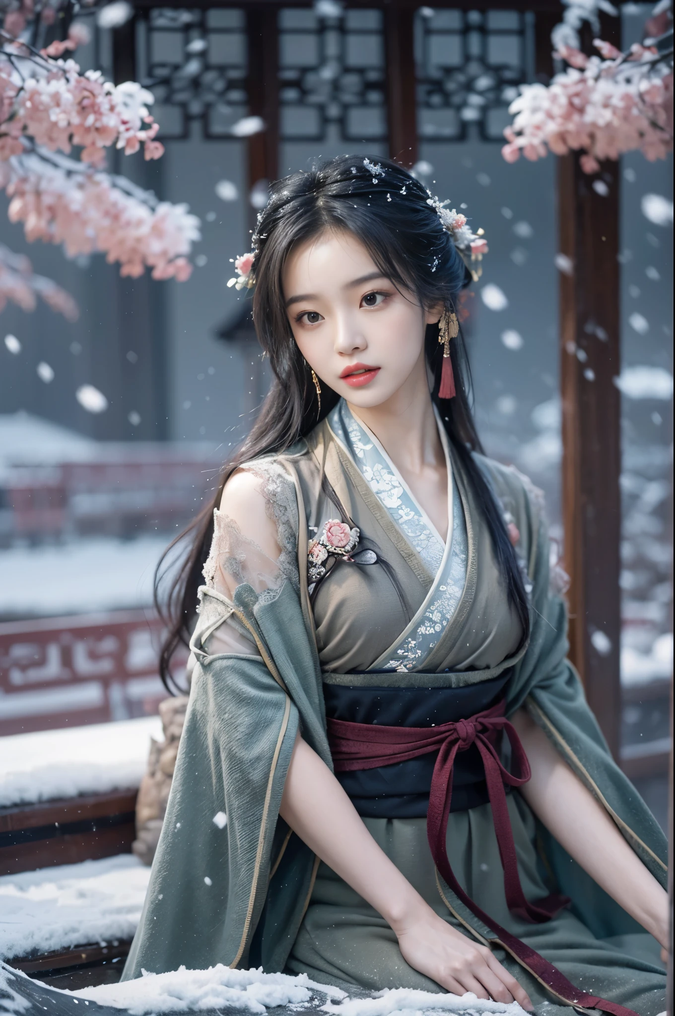 best quality, masterpiece, high resolution,8k,(Realistically:1.4),超high resolution,1 girl,(Black transparent, Lace),(Ultra-realistic skin maps), Ultra Detailed, Surreal, Highly detailed CG illustrations, official art, Movie Lighting, Practical, Young beautiful girl, Perfect body, Perfect body, Full view, Perfect body,enjoy expression,(Start from below:1.3), Sexy pose, Sexy long legs, confidence, Beautiful and sexy, (Gorgeous Chinese Hanfu,cropped shoulder,S-Shape Pose, blush, Chapped lips, View Viewer , half body shot , (fur-edged cloak) ,(Chinese pavilions),It snowed heavily,The ground is covered with snow,