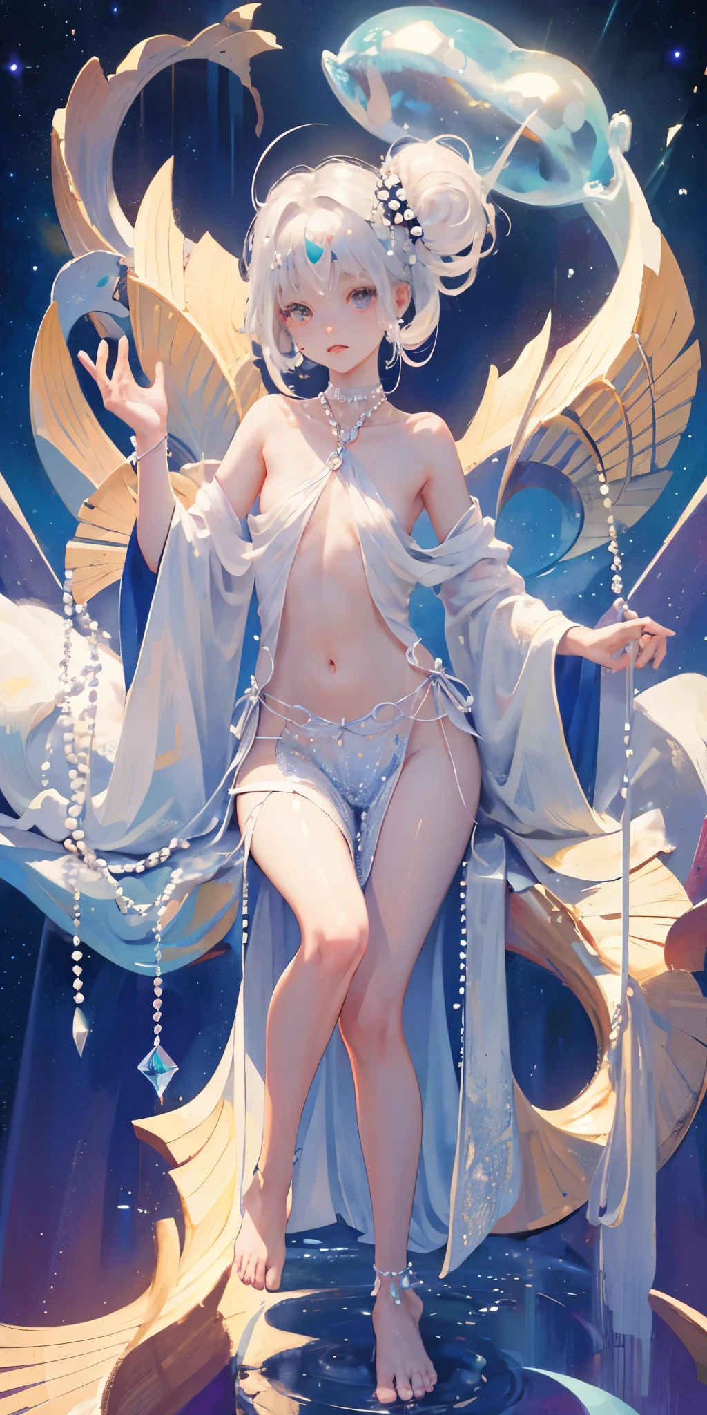 A 、a bay cute、Slim and beautiful、((small :1.2))、The eyes are well drawn、Charming eyes、Double tail、Wear jewelry and pearls around your neck,Transparent openwork、Deep V、Crystal Pearls、在Wear jewelry and pearls around your neck,white hair, Show your thighs, Bare shoulders, Show Clavicle, Yao Liu, barefoot,((whole body))、painful posture